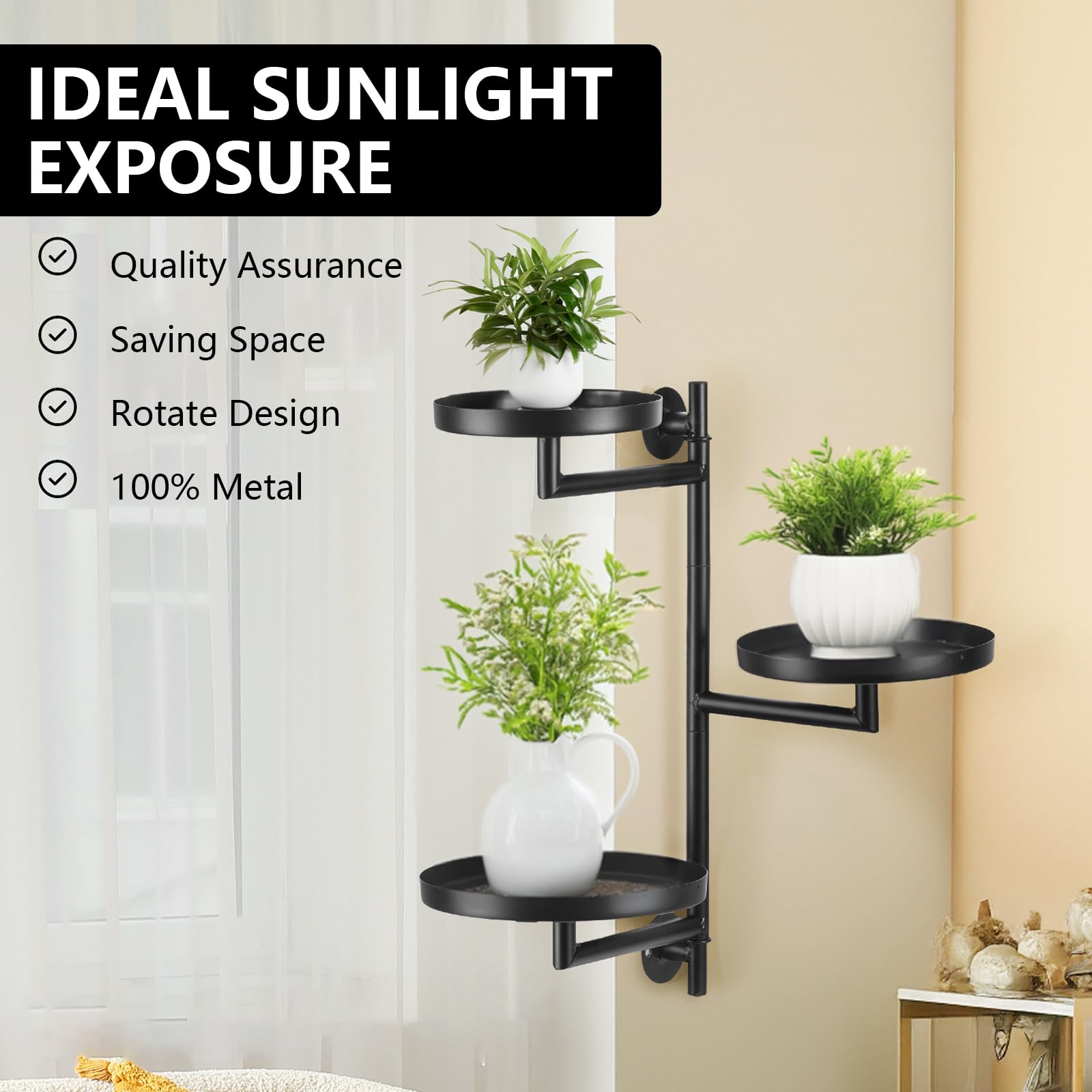 Estanteria para Plantas Interior, Soporte para Plantas de Metal de 3 Niveles, Estante para Plantas de Pared Giratorio de 180°, Estante Flotante para Plantas Montado en la Pared para Espacios Pequeños