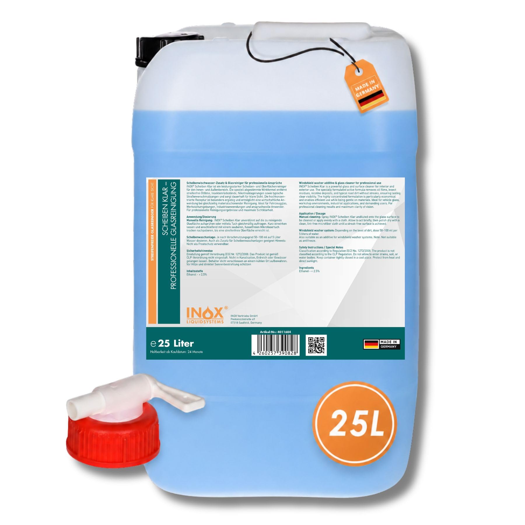 INOX® Scheibenreiniger Konzentrat 25  L – Scheibenwischwasser-Zusatz für Autoscheiben | Universeller Glasreiniger für Wischwasser | Konzentrat für Glatte Oberflächen