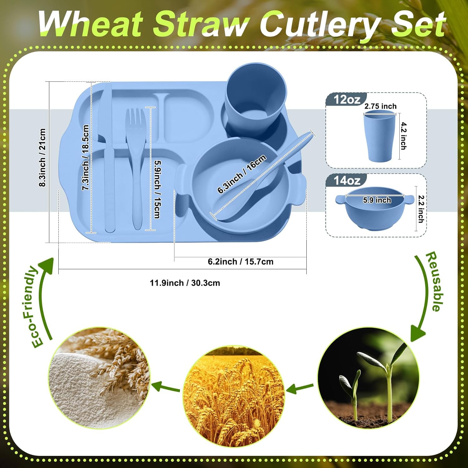 Tanlade 24 Pcs Wheat Straw Dinnerware Cutlery Sets, Divided Plates Unbreakable Bowl Microwave Dishwasher Safe Tableware Cutlery Spoon Knife Fork Cup(Blue)
