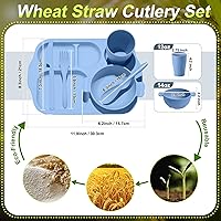 Vista 2 de Tanlade Juego de 24 cubiertos de paja de trigo, platos divididos, platos irrompibles, aptos para microondas, lavavajillas, cubiertos, cuchara, Azul