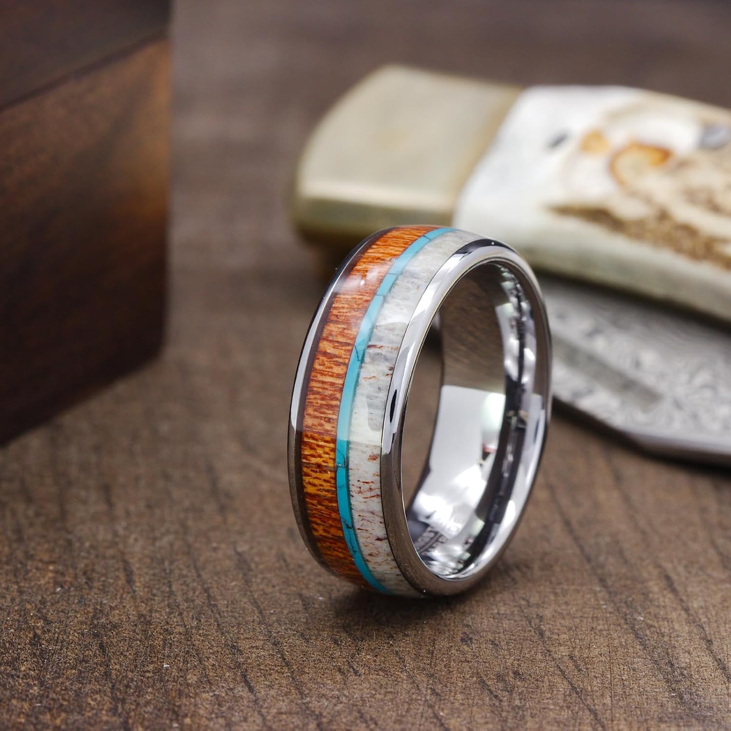 Men's Silver Tungsten Carbide Wedding Band - Premium Tungsten Ring With Turquoise, Deer Antler & Koa Wood Inlay - Includes Silicon Band, Leather Drawstring Pouch, & Luxury Walnut Ring Box