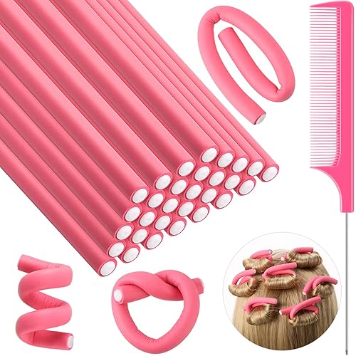 Miniatura 8 de 30 varillas rizadoras flexibles, rodillos de espuma suave sin calor, 1 peine de cola de rata, peine de cola de rata, para mujeres y niñas, cabello