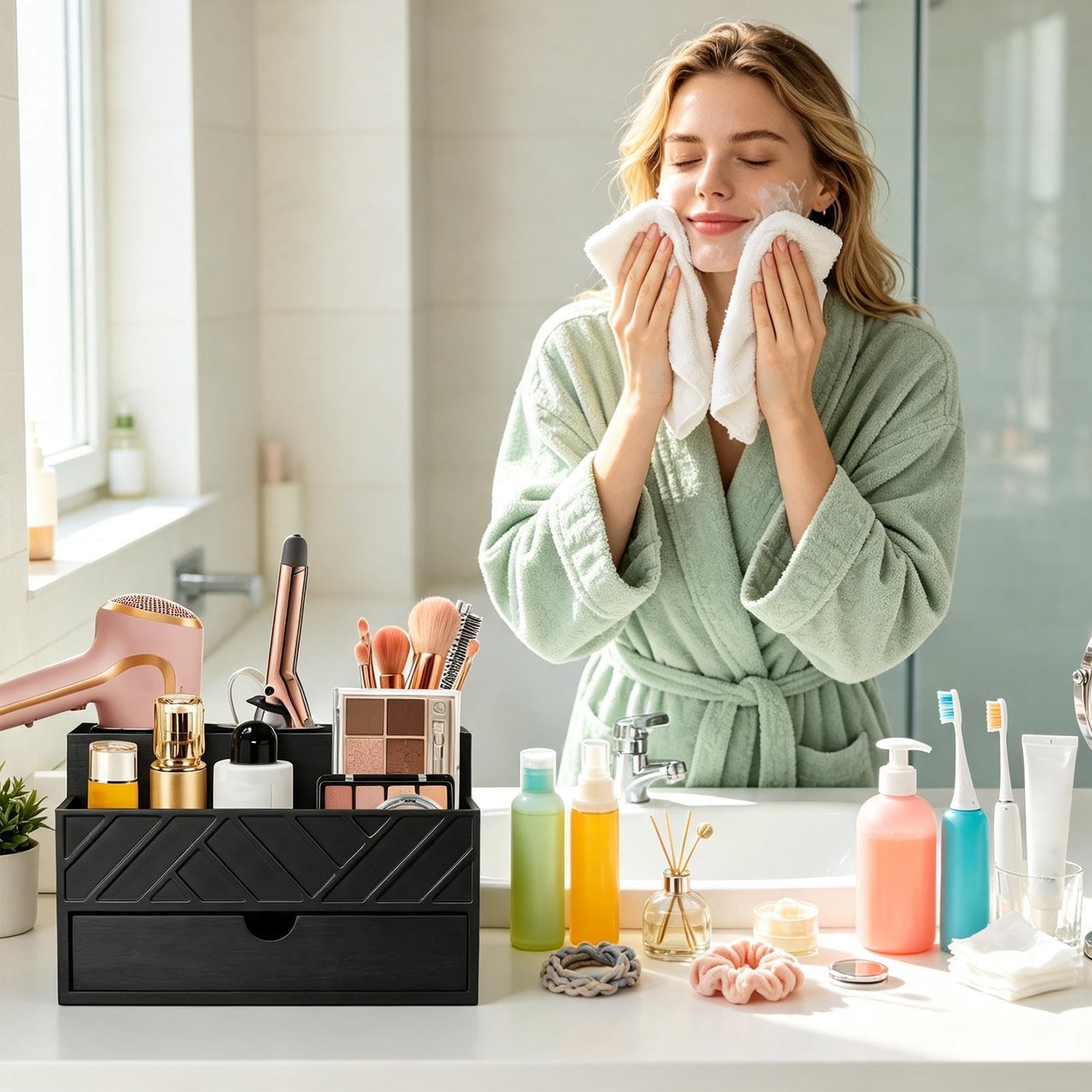 Generisch Föhnhalter mit Schublade und platzsparendem Holzständer | Föhnhalter zur Wandmontage Für Bürste Glätteisen Lockenstab Make-up Toilettenartikel Parfüm Schlafzimmer Kaffeebar