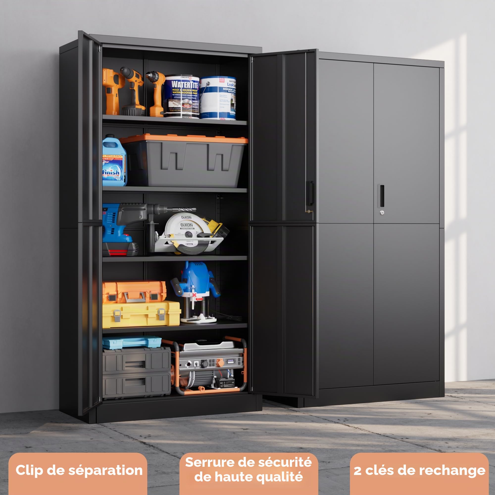 Armoire de rangement multi-usages en acier - Armoire de rangement verrouillable avec 2 portes - 180 x 80 x 40 cm - Armoire à outils - Étagères réglables - Pour garage, bureau, salon - Noir