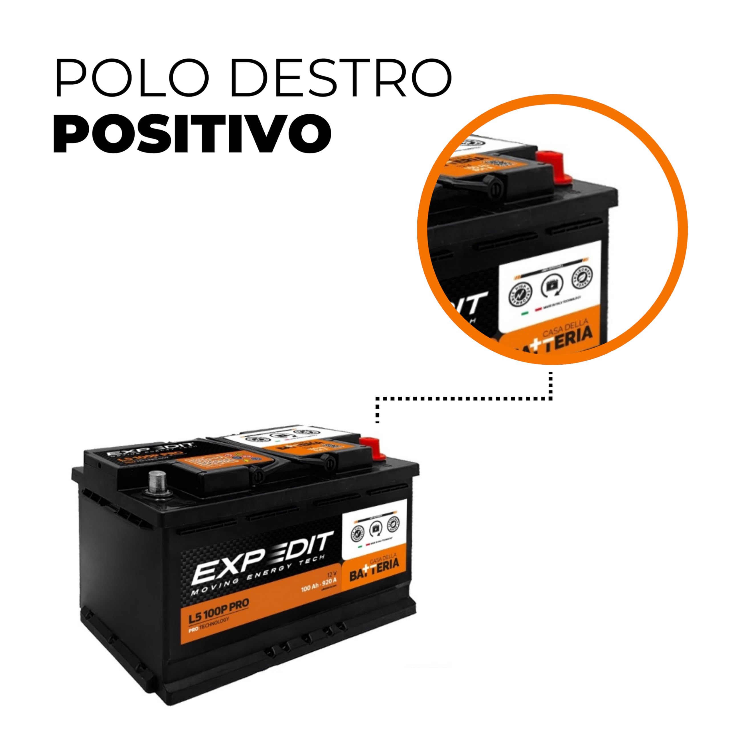La Casa della Batteria Batteria Auto Expedit Moving Energy Tech Batteria 12v Batteria Auto 100Ah 920A PRO+50% POTENZA L5 100P DX 35.3×17.5×19 cm Senza Manutenzione Pronta all'Uso Made in Italy