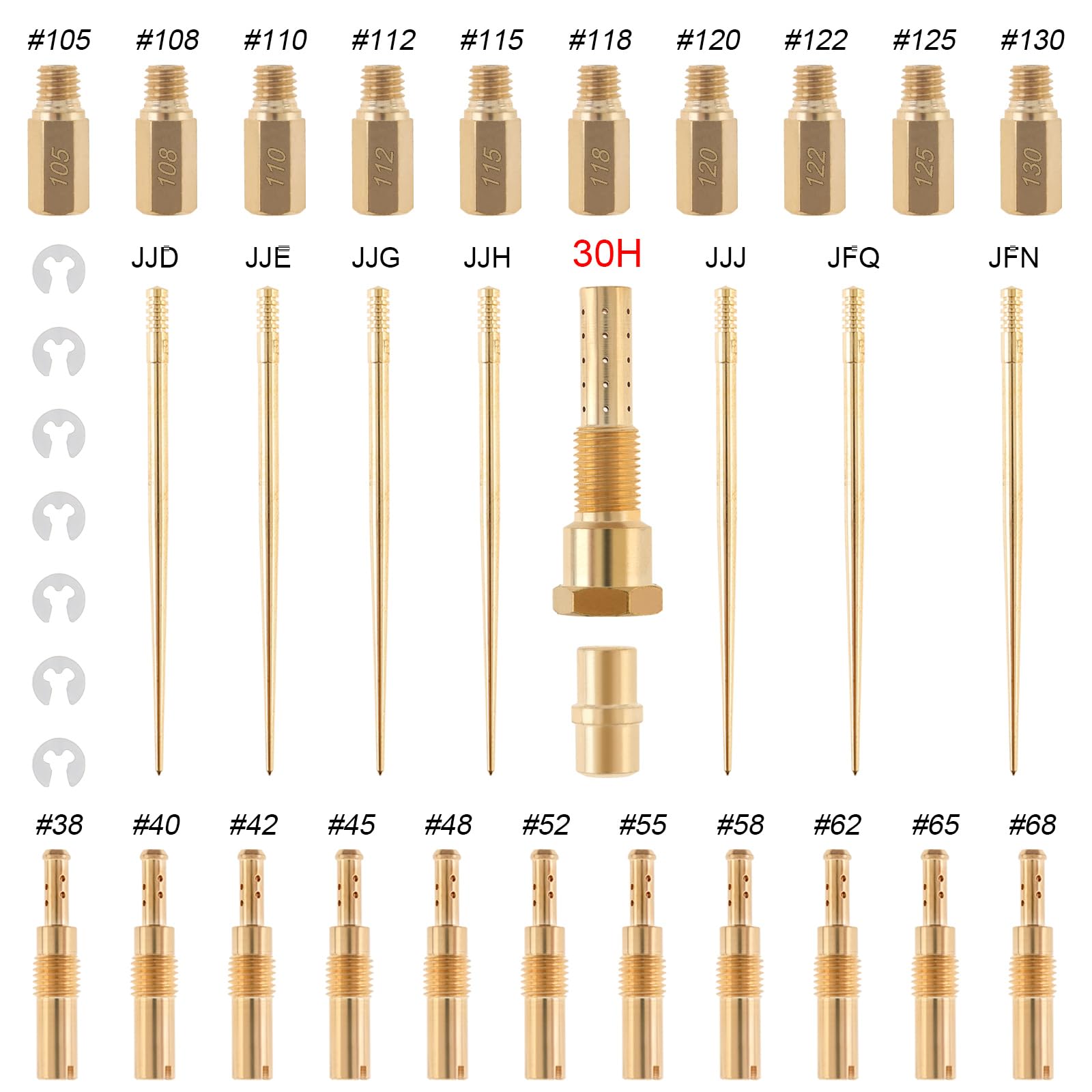 Windance 30 pezzi Kit Ugelli Principali e Lenti del Carburatore Tubo di Emulsione Portaugello per Iniezione Compatibile con CVK PWK PWM/PE 26/28, Kit Modificato Ugelli in Ottone (30 Fori)