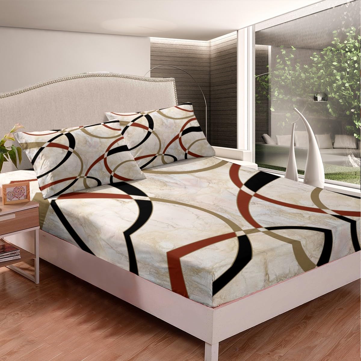 Juego de sábanas de arte abstracto de mármol marrón, juego de sábanas geométricas circulares geométricas con bolsillo profundo, juego de cama moderno de microfibra tamaño King
