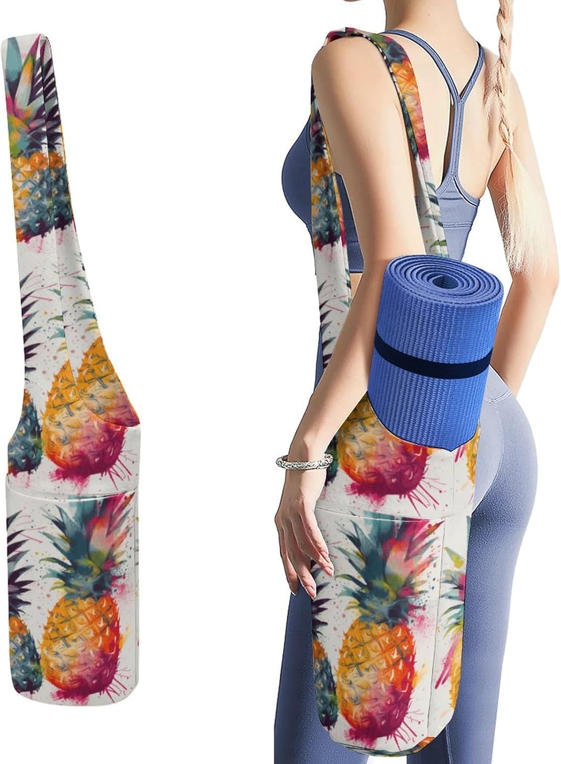 Yoga Mat Organizer, Tropical Fruit Watercolor Pineapple Print Yoga Mat Bag Gym Mat Bag Canvas Storage Bag Durable Yoga Carrier