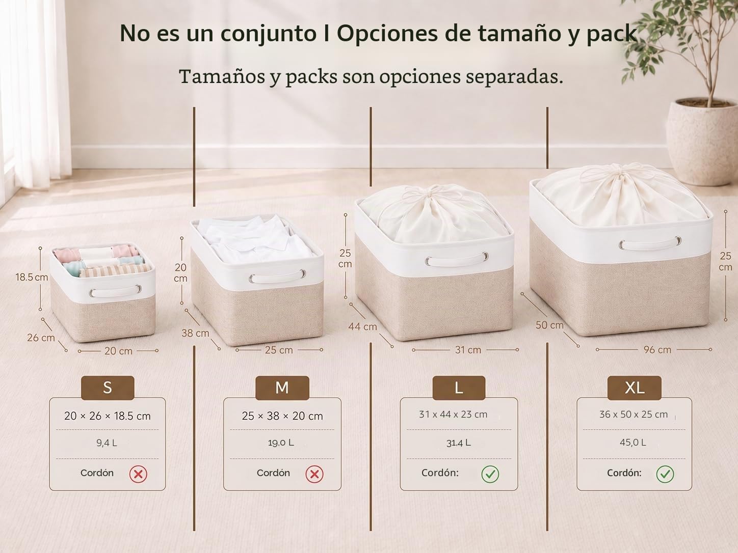 Mangata Medio Cajas de almacenaje Set de 3, cestas de almacenaje, cestos almacenaje de Tela para Armario, estanteria, Juguetes (Plegable,Blanco caqui)