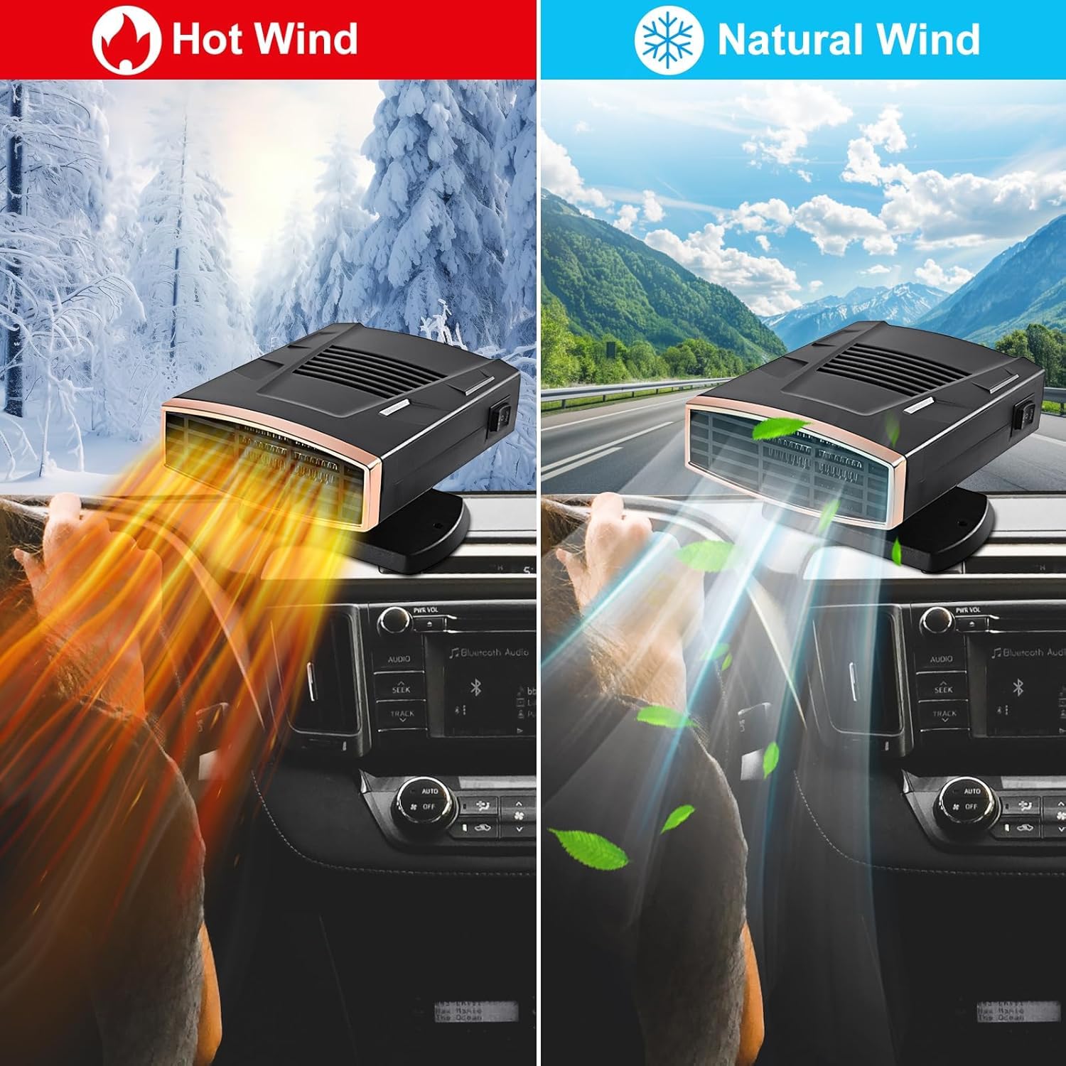 Calentador de coche, 12V 200W set de deshumidificación de invierno para conectar al encendedor de cigarrillos, función de calentamiento rápido y enfriamiento 2 en 1, giratorio 360 para coches pequeños