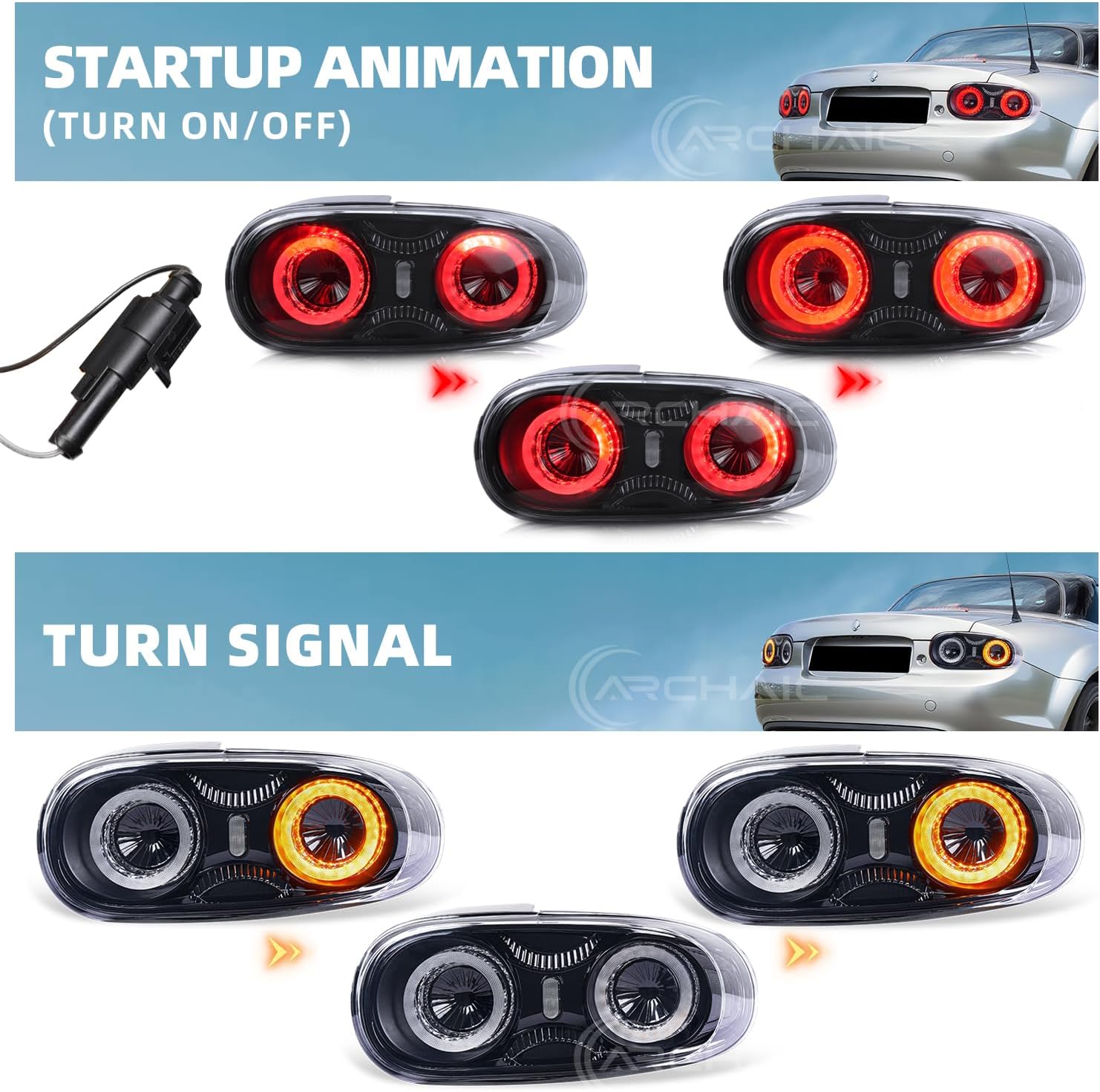 Archaic Tail Lights Compatible for Mazda MX-5 MK3 Miata NC1 NC2 NC3 2005-2015,w /3D Animation DRL,JDM Design Taillights