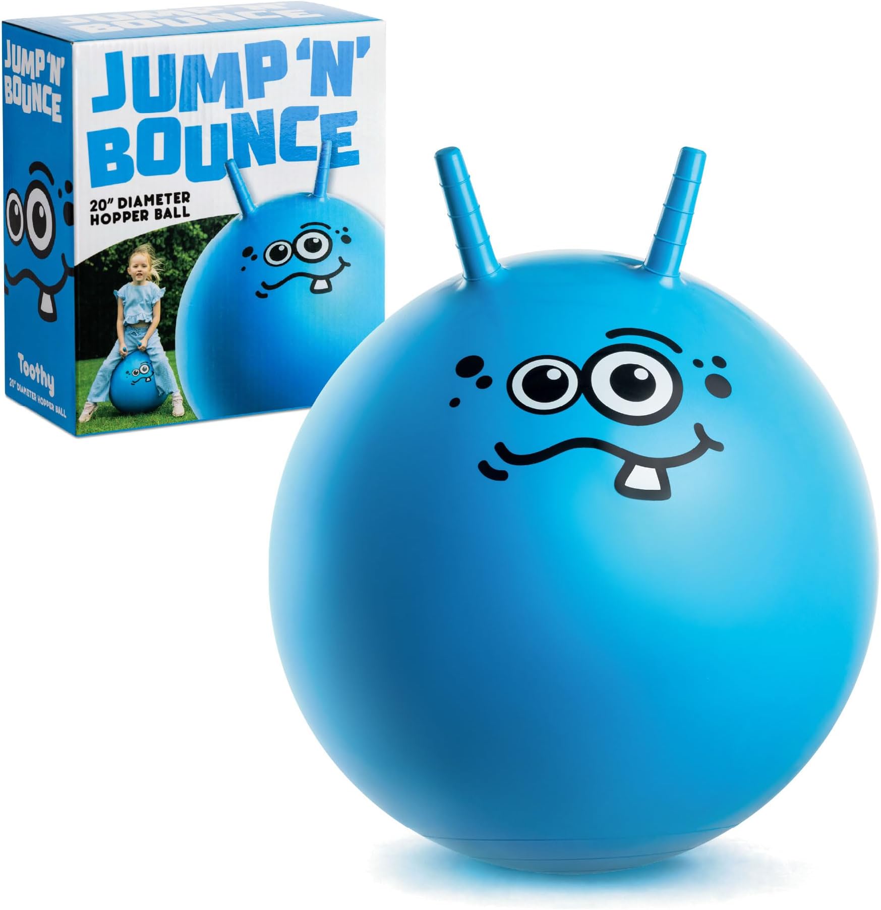 Jump N Bounce Kids Space Hopper, 20 Inch Retro Bouncing Ball with Easy Grip Handles, Outdoor or Indoor Exercise Toy for Ages 3+, Toothy BlueDesign
