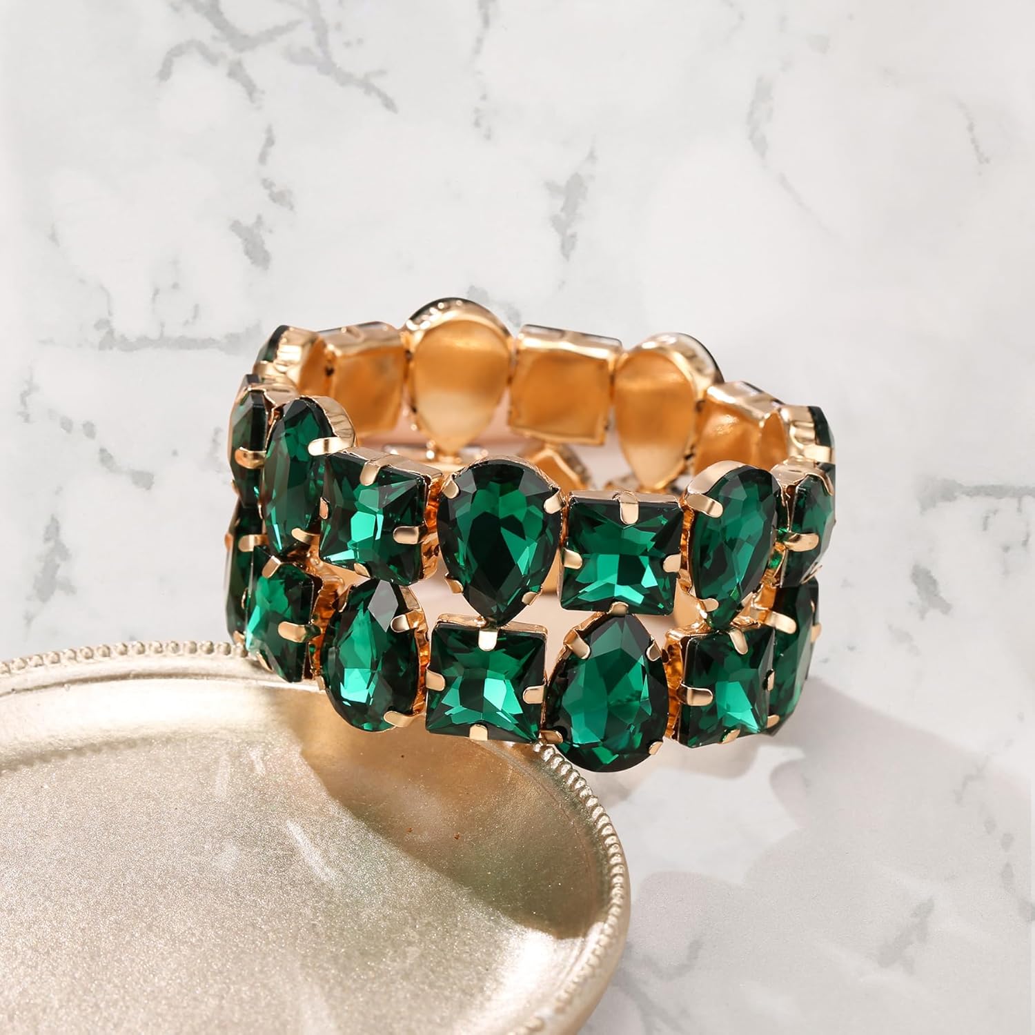 BriLove Women's Gorgeous Sparkling Crystal Emerald Cut Stretch Bangle Bracelet for Wedding Party Prom Jewelry Accessories - Image 4