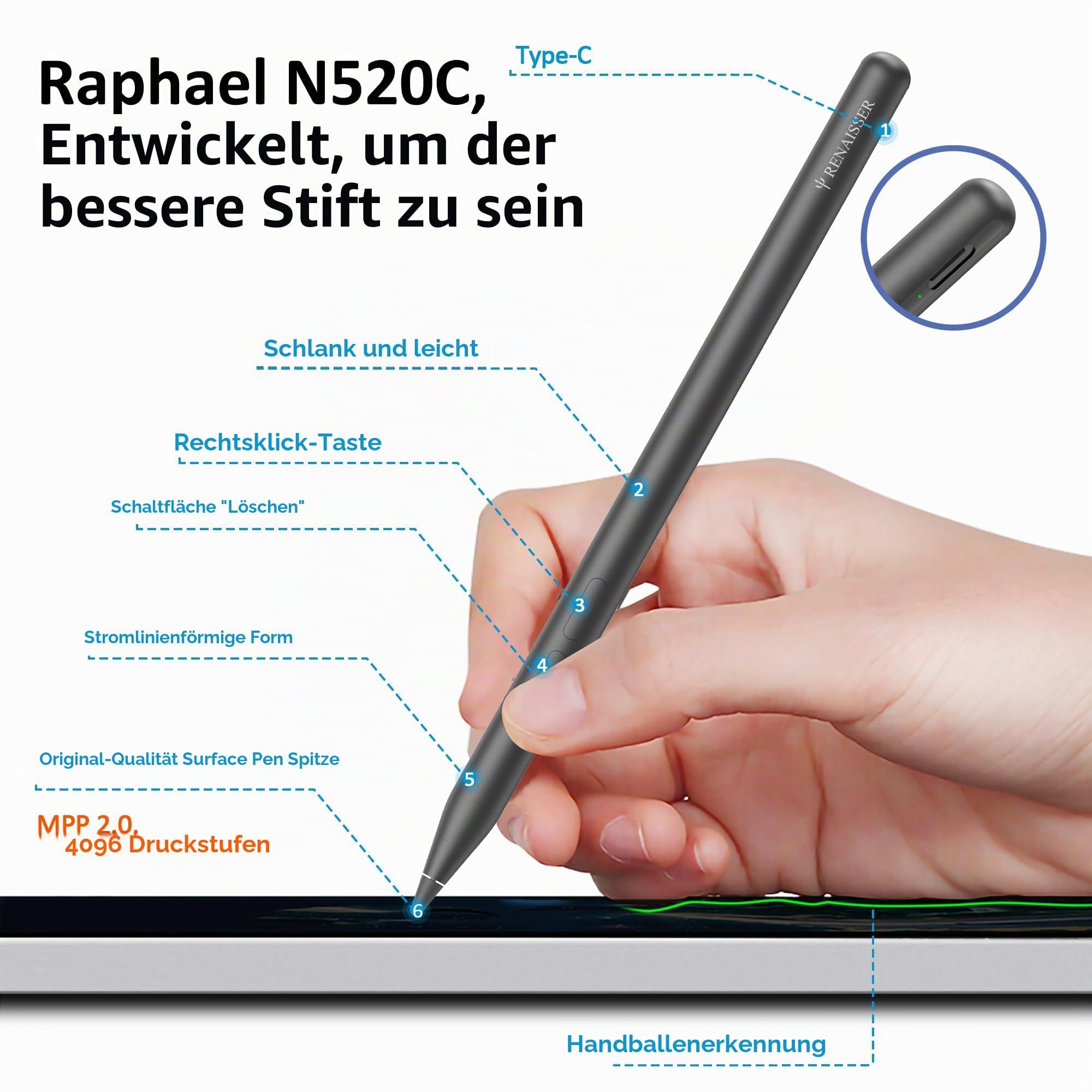 Taiwan RENAISSER Surface Pen, Raphael N520C, Entworfen in Houston, 4096 Druck- und Neigungsempfindlichkeit (MPP2.0), Stift kompatibel mit Surface Pro/Book/Studio/Go, superleicht, Nicht-magnetisch | MPP 2.0 Stylus, 4096 Druck, Neigungsempfindlichkeit, ultr