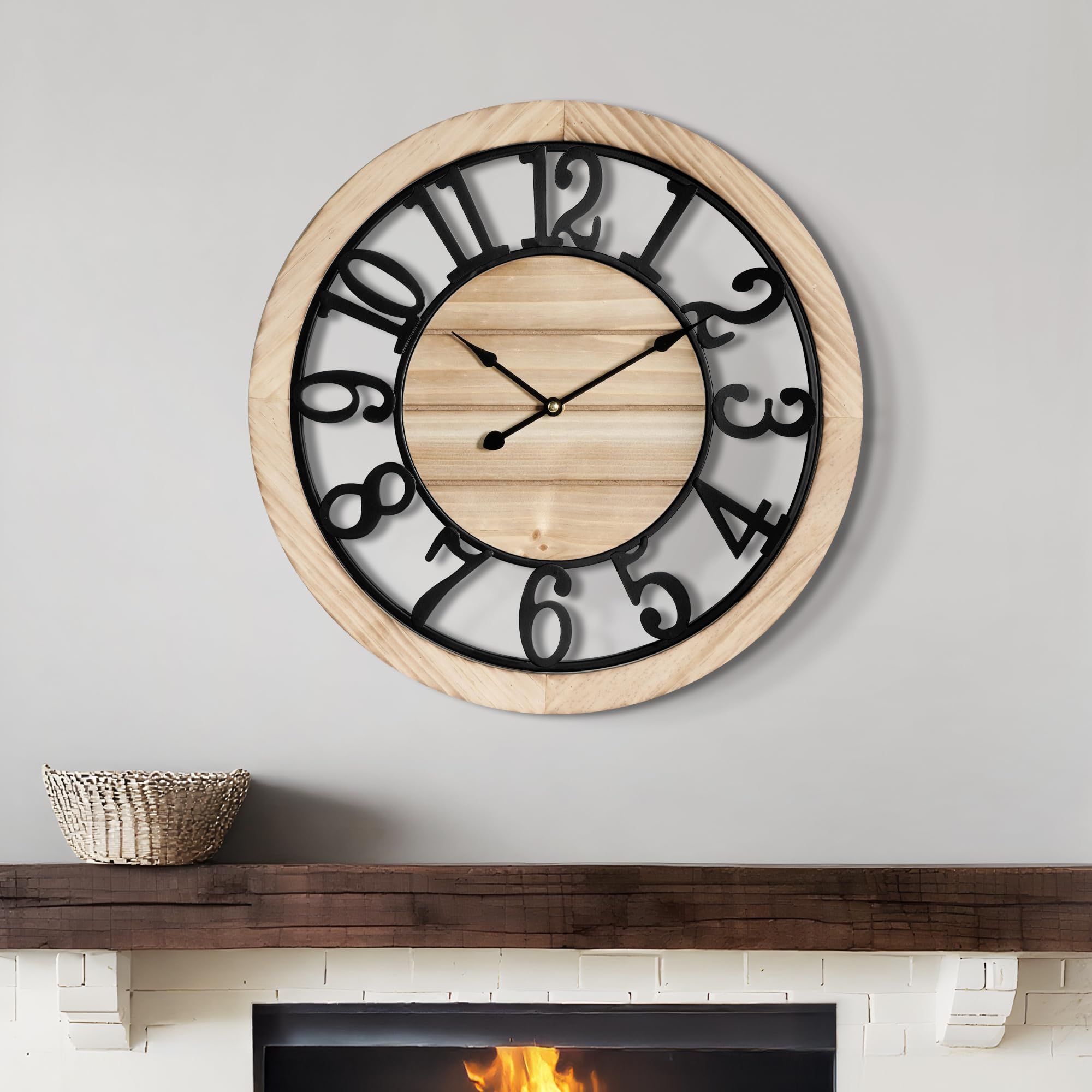 Leike Arabic Numerals 16 Inch Large Wall Clock - Rustic Wooden Silent Non-Ticking Wall Clock With Black Metal Frame, Vintage Farmhouse Decorative For Living Room, Bedroom, Kitchen - Modern Design