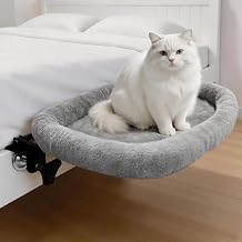 Cat Bedside Bed, Cat Bed Attached to Bed, Soft Fabric Foldable Cat Beds with Steel Clamp, Removable Washable Cover Cat Weights to 44lbs, Bedside Thick to 2.5 inches