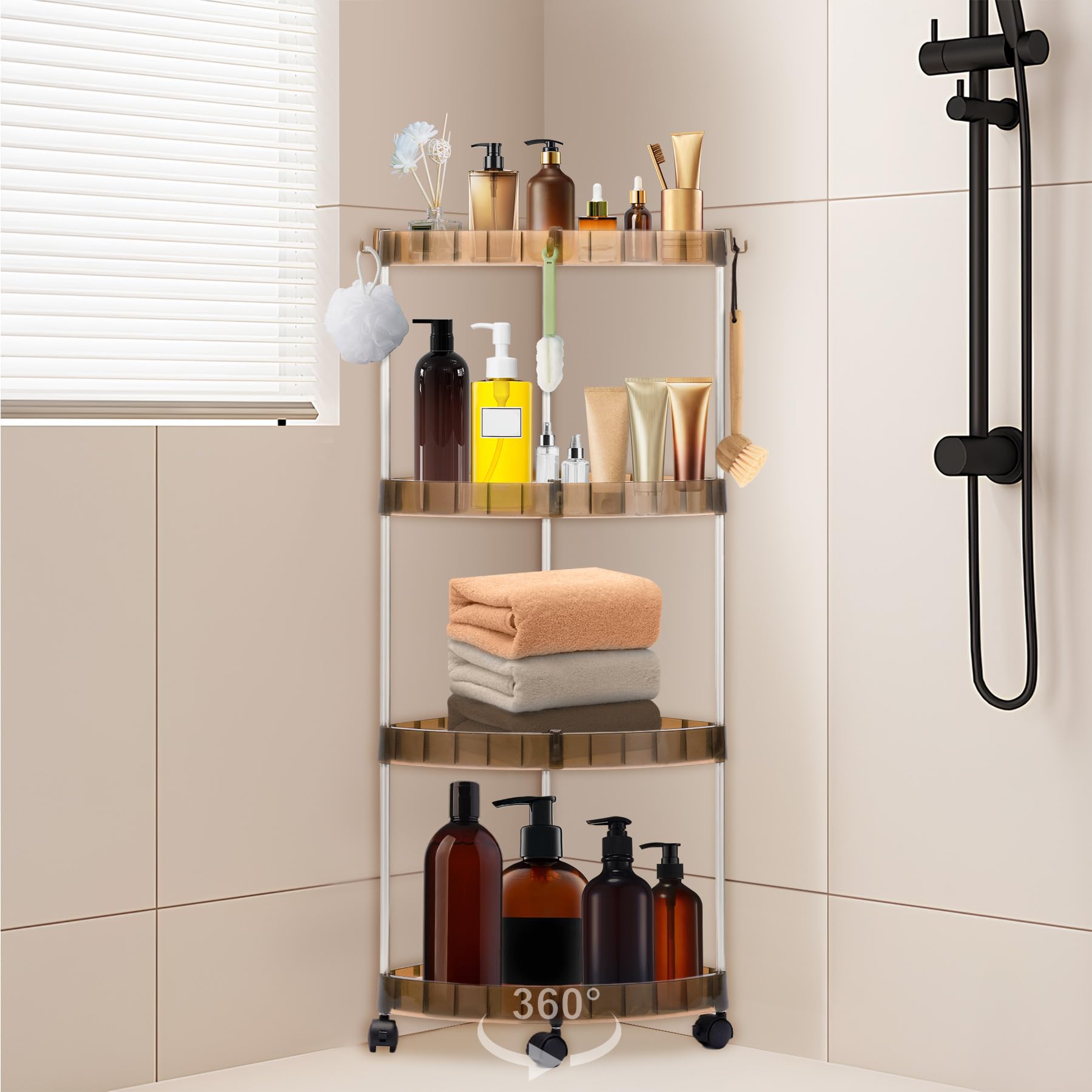 Toptime 4 Tier Floor Standing Corner Shower Caddy Bathroom Organizer Shelf with 10 Hooks and Wheels Rustproof Bathroom