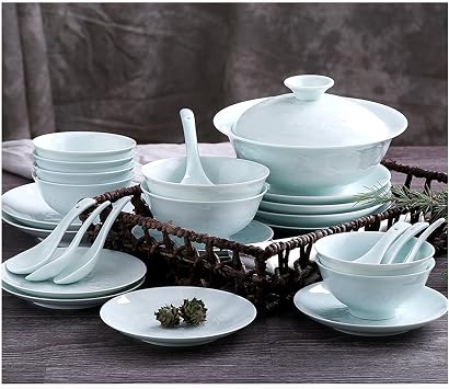 Dinner Set, Special Restaurant Dinnerware Set, 28-Piece Ceramic Tableware Set, Embossed Fish Shadow Celadon Ceramic Dish Set Household Tableware Plate and Bowl,