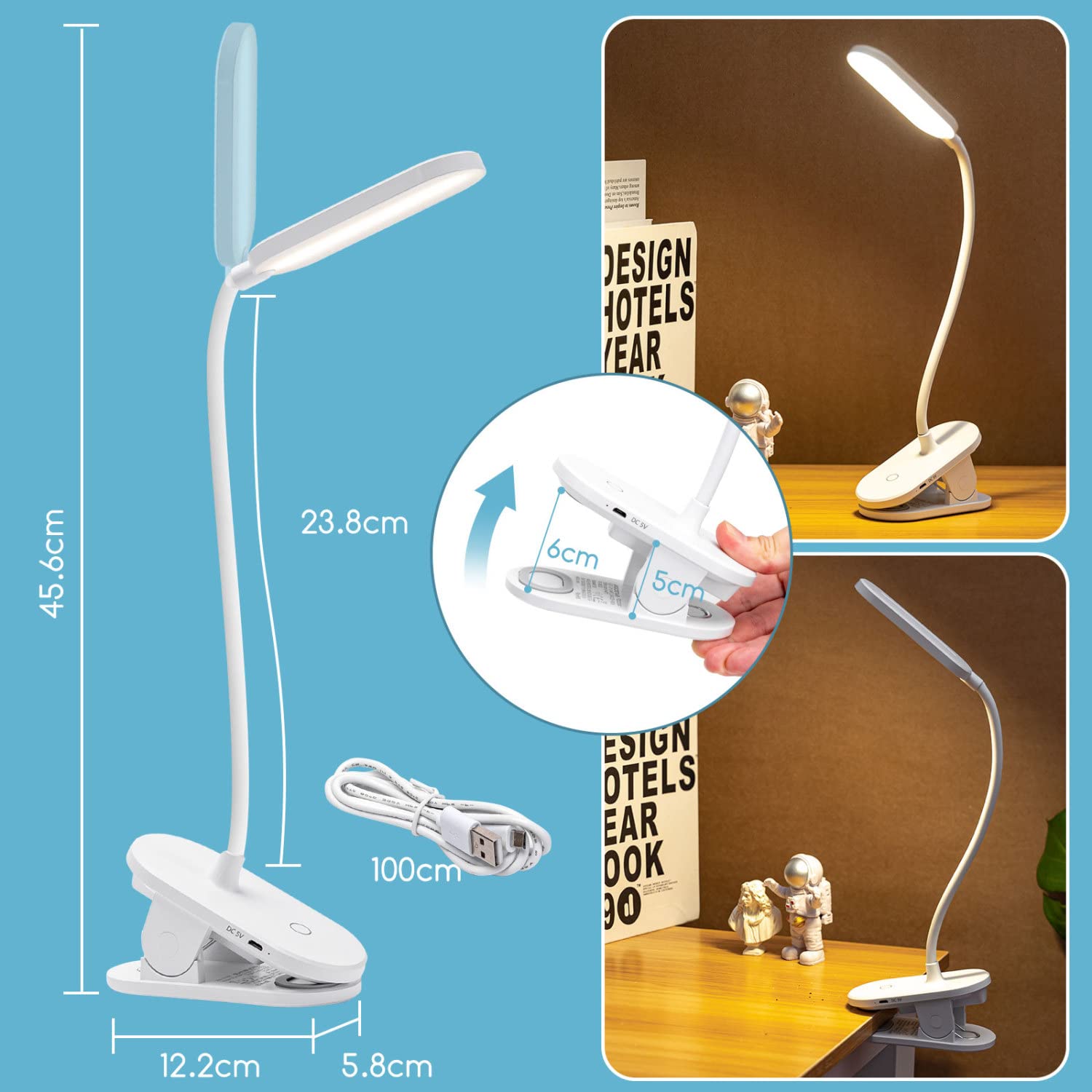 Aigostar Luz Lectura,Lámpara Lectura Pinza con 360° Brazo Flexible Regulable, Luz de Cama con Clip,3 Modos,Recargable Usb Flexo Led Escritorio 4000K Protección Ojos Colors, Blanco, 2pcs