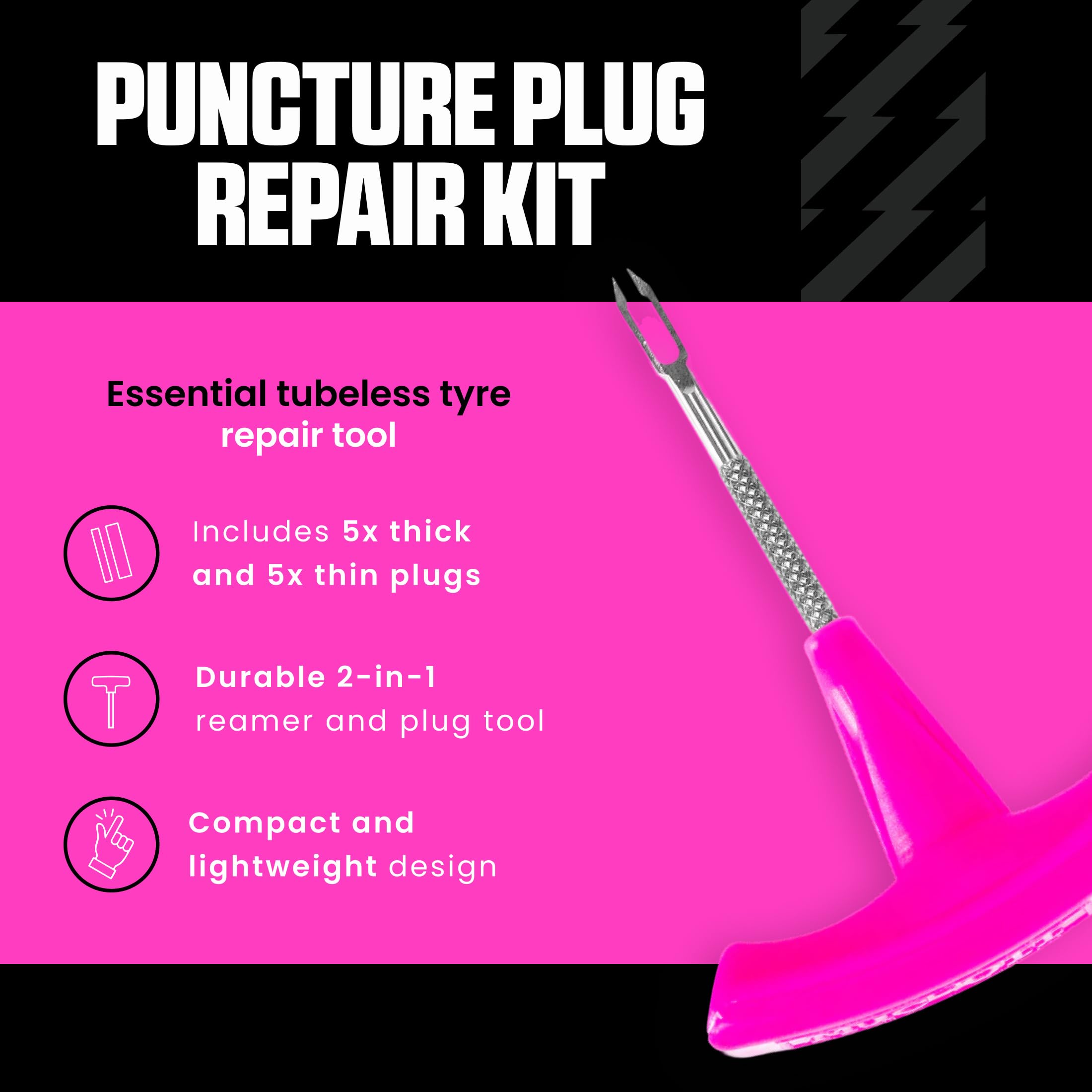 Muc-Off Kit Riparazione Bici - Kit Riparazione Tubeless - Include Strumento per Sigillare/Alesatore 2 in 1, 10 Pezze Riparazione Tubeless e Custodia
