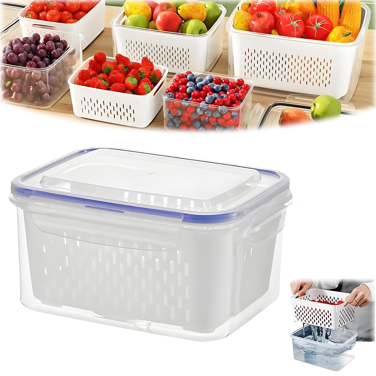Fruit Storage Containers for Fridge, 4 in 1 Food Storage Container, Produce Storage Containers with Lid and Strainer, Including Drain Basket, Multipurpose Large Fruit Containers for Fridge