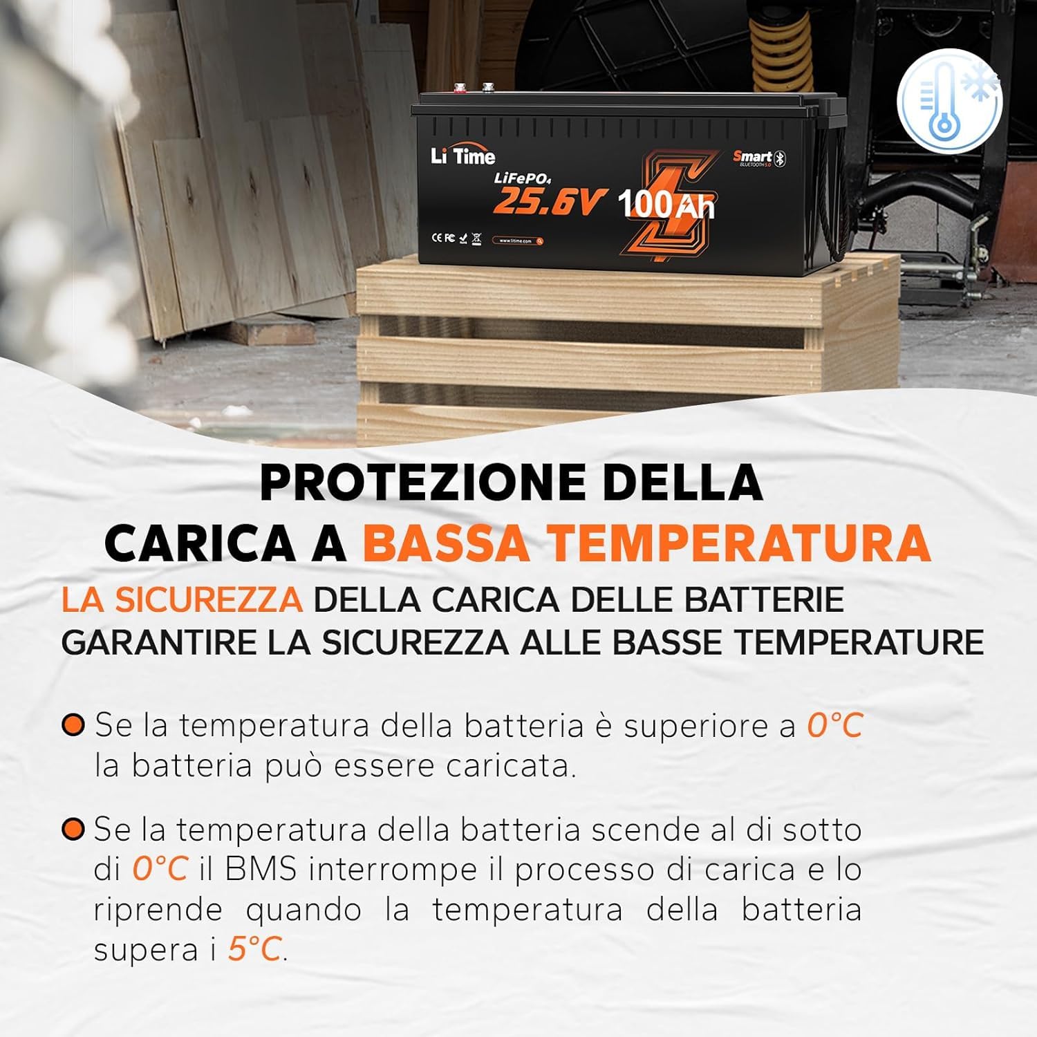 LiTime 24V 100Ah Lifepo4 Batteria Bluetooth e Protezione dalle Basse Temperature, Batteria Litio con 100A BMS, Max. 2560Wh, 4000+ Cicli, Perfetta per Sostituire le Batterie al Piombo, per Camper