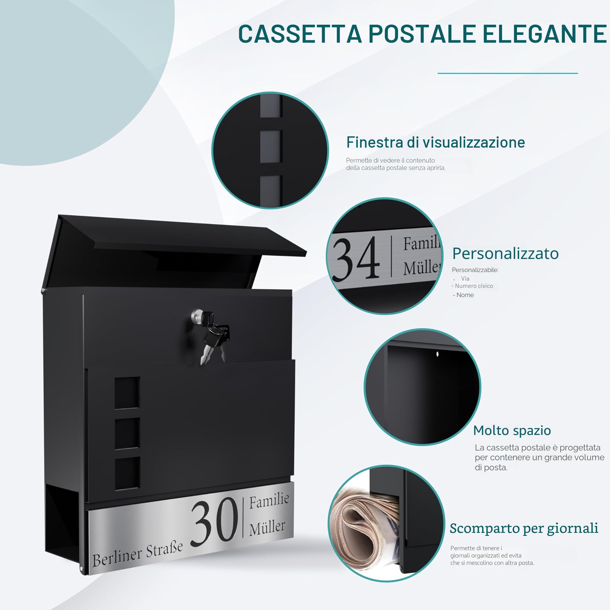 Bl4ckPrint Cassetta delle lettere personalizzata con scomparto per giornali, colore antracite, con nome, strada e numero civico, cassetta delle lettere da parete di alta qualità, con 4 chiavi