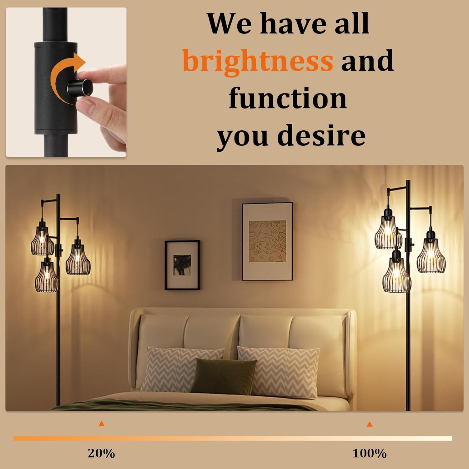 Dimmable Floor Lamp, 3 x 800LM LED Edison Bulbs Included, Farmhouse Industrial Floor Lamp Standing Tree Lamp with Elegant Cage Tall Lamps for Living Room Bedroom Office - Black