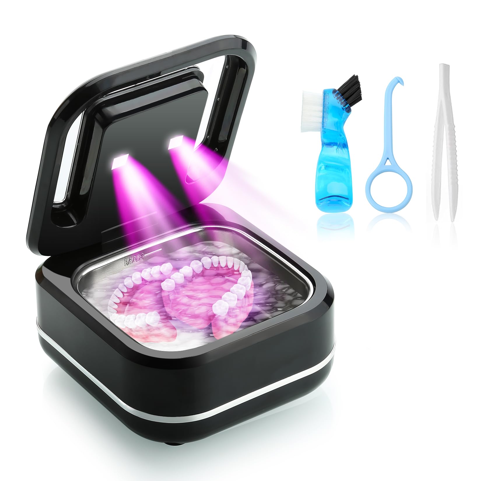 Pulitore a Ultrasuoni 42kHz 180ml per Protesi, Apparecchi e Mantenitori | 2 Modalità (180/360s) + UV, Acciaio Inox 304, Display – Regalo Ideale per Portatori di Protesi, Apparecchi e Gioielli
