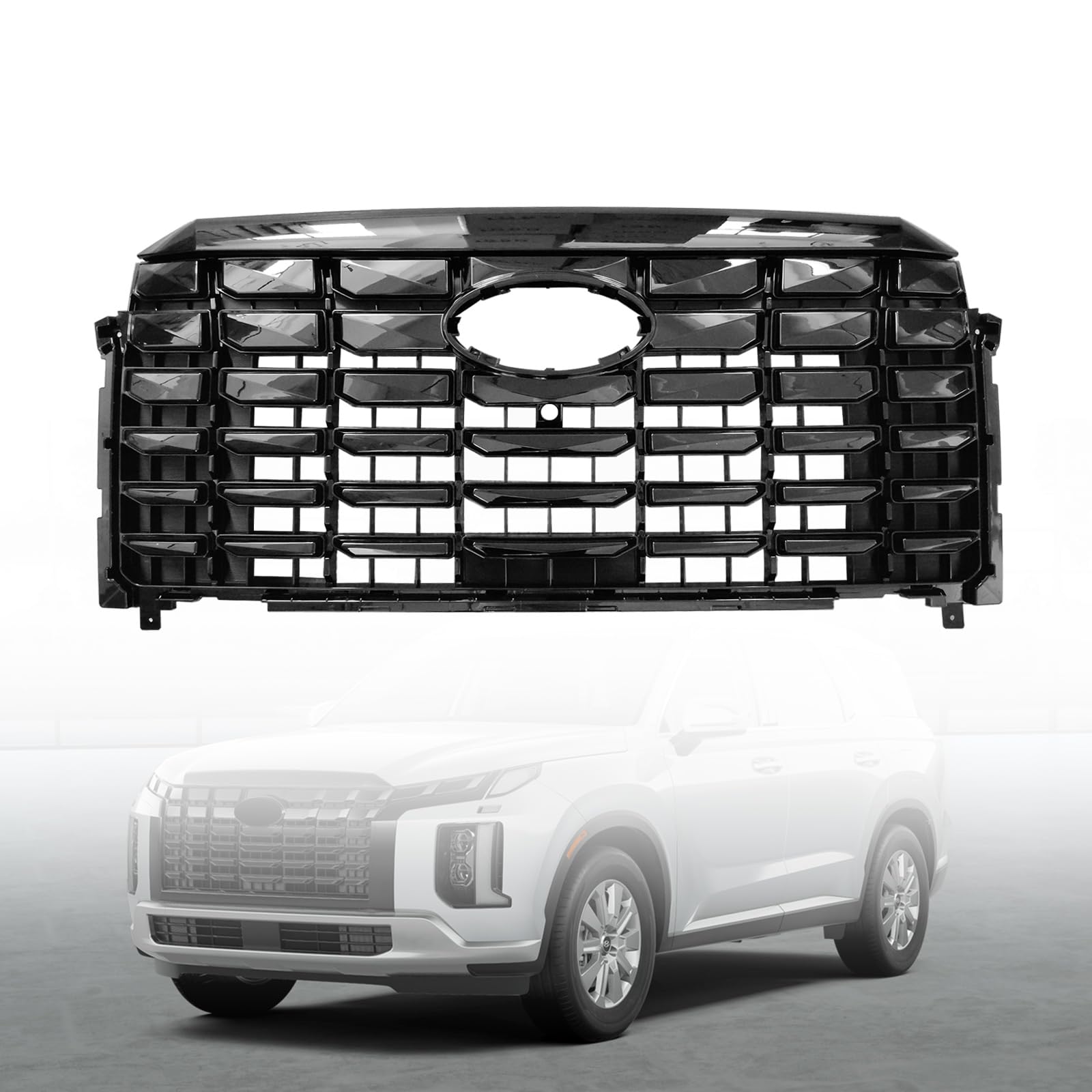 Palisade Front Upper Grille Compatible with 2023 2024 Hyundai Palisade Limited SE SEL Bumper Grill 86350-S8SA0 W/Camera Hole, W/O Sensor Holes Gloss Black