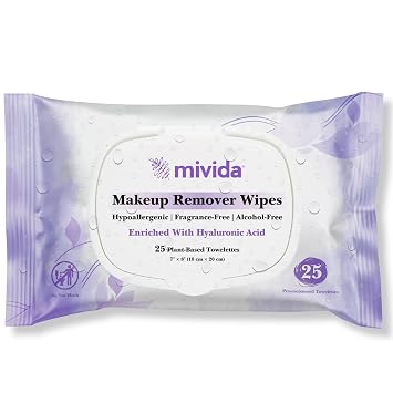 mivida Hypoallergenic Makeup Remover Wipes with Hyaluronic Acid, Dermatologist Tested Alcohol Free & Fragrance Free make up wipes, Travel Friendly 25 Count