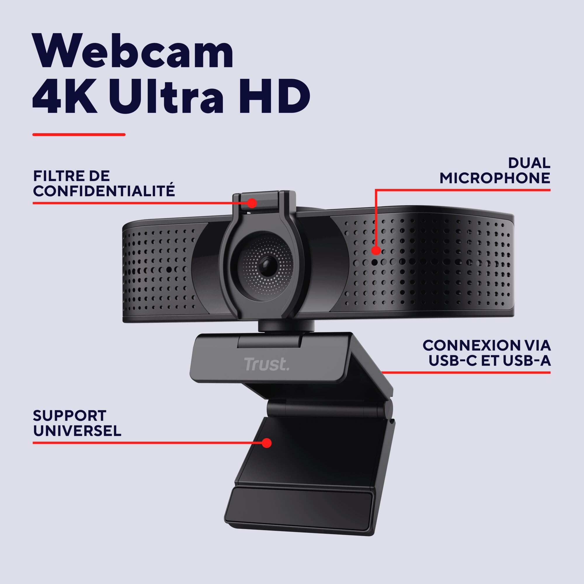 Trust Teza 4K Ultra HD Webcam 3840x2160, Autofocus, Noir | 2 Microphones Intégrés, 30 FPS, USB Plug & Play, Web Caméra pour Teams Zoom PC Laptop Mac Macbook