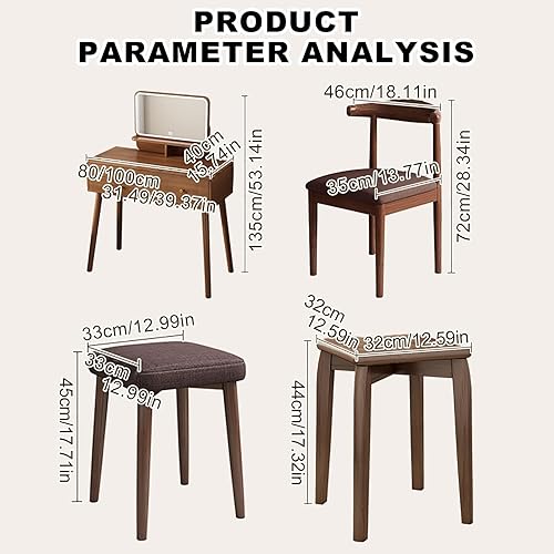 Miniatura 2 de Tocador con espejo de luces, escritorio de maquillaje de madera con taburete acolchado, moderno escritorio de tocador para dormitorio con taburete