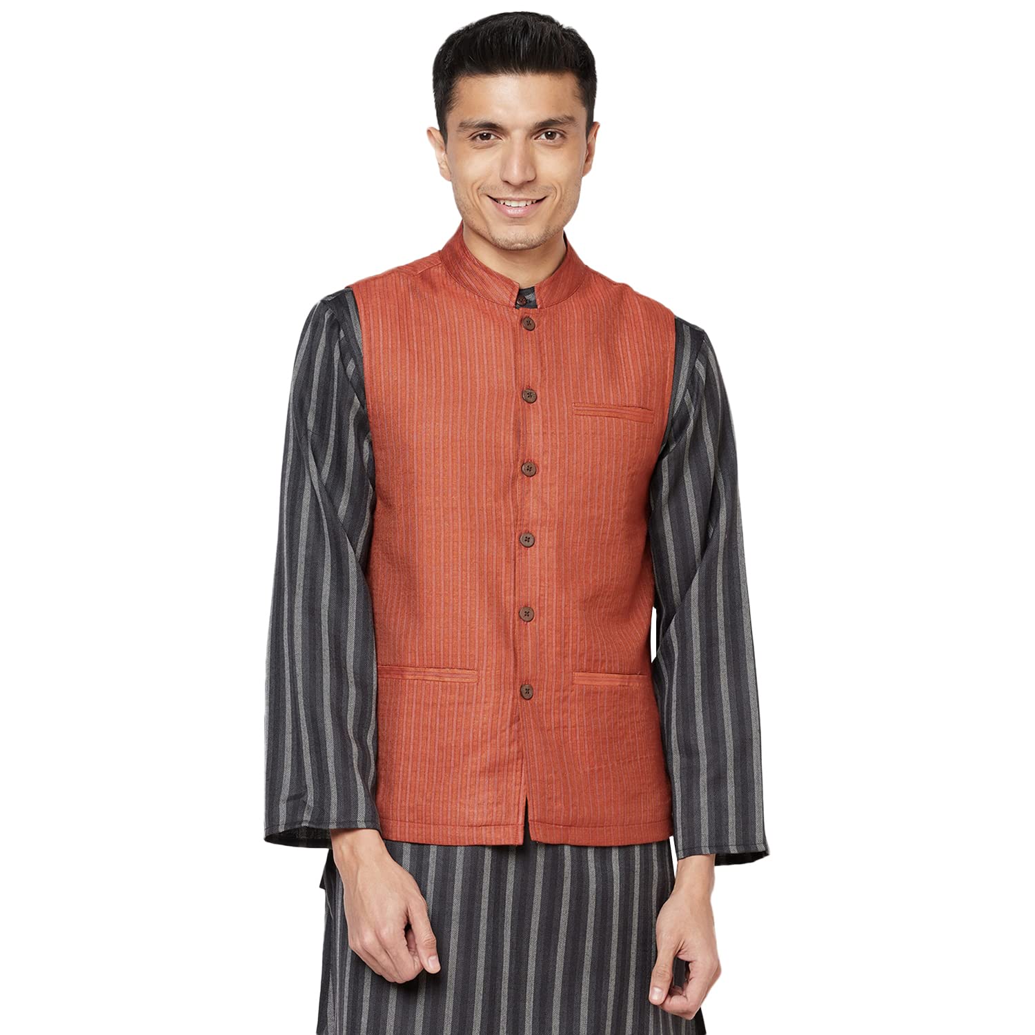 fabindia Men Tussar Striped Nehru Jacket Viscose-picture-35