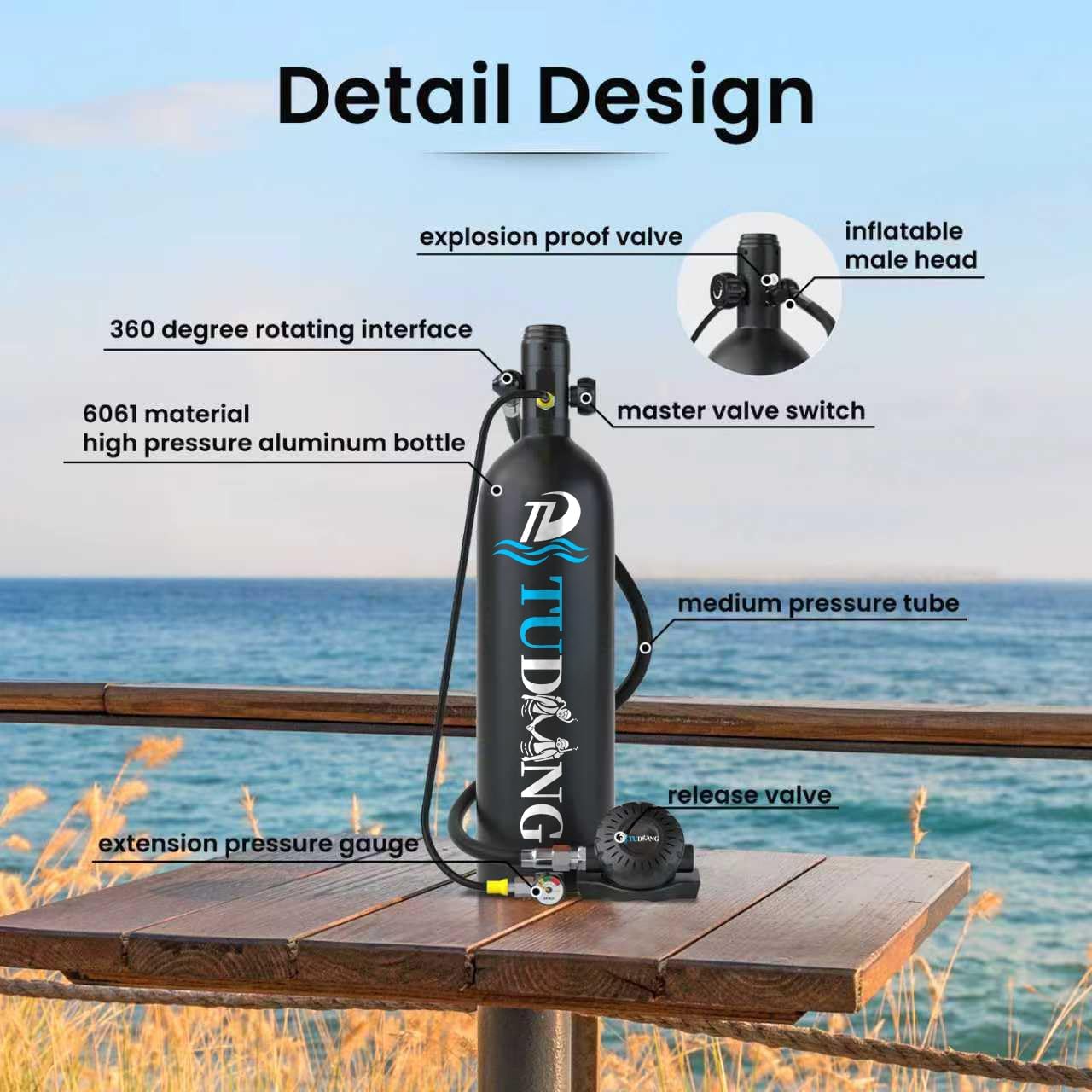 TUDIVING-1.9L Lung Tank | 122Cu in Scuba Tank | 2000CC Diving Tank | Portable | Reusable | Max 3000 PSI | Support 30-45 Minutes Breath | for Diving Entertainment/Underwater Work