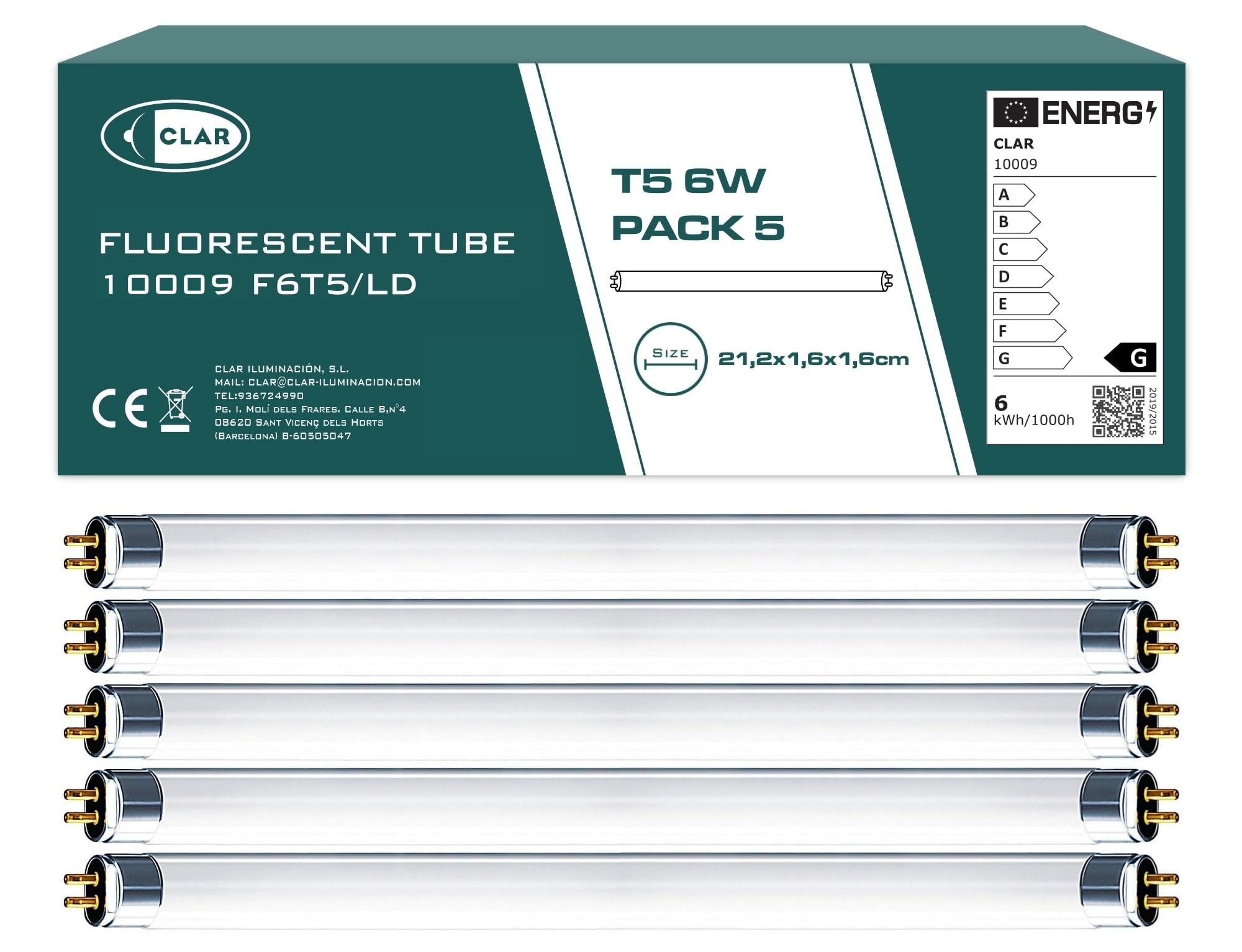 CLAR - Fluorescent Light Tubes, T5 Bulb, Fluorescent Light, 21,2 x 1,6 cm (6 Watts T5, Pack 5)