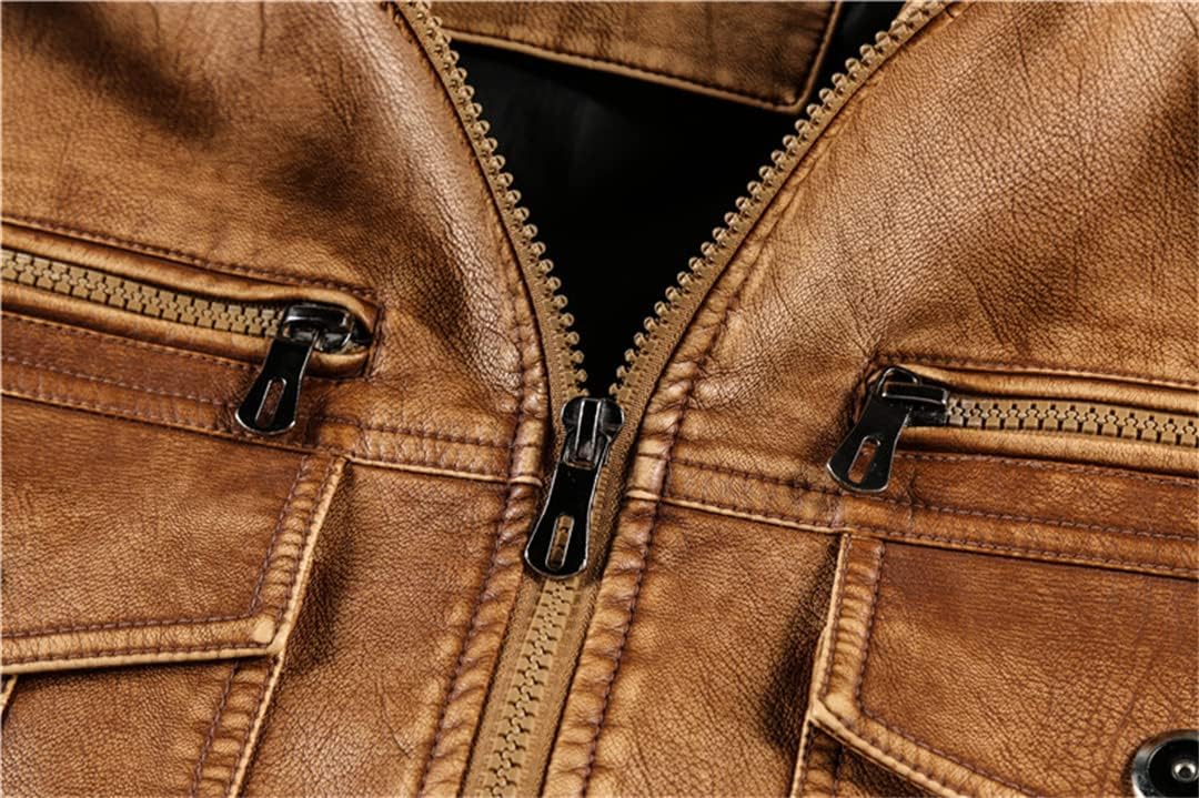 Alloaone Men Pockets Biker Motorcycle PU Faux Leather Coats Zipper Bomber Jackets