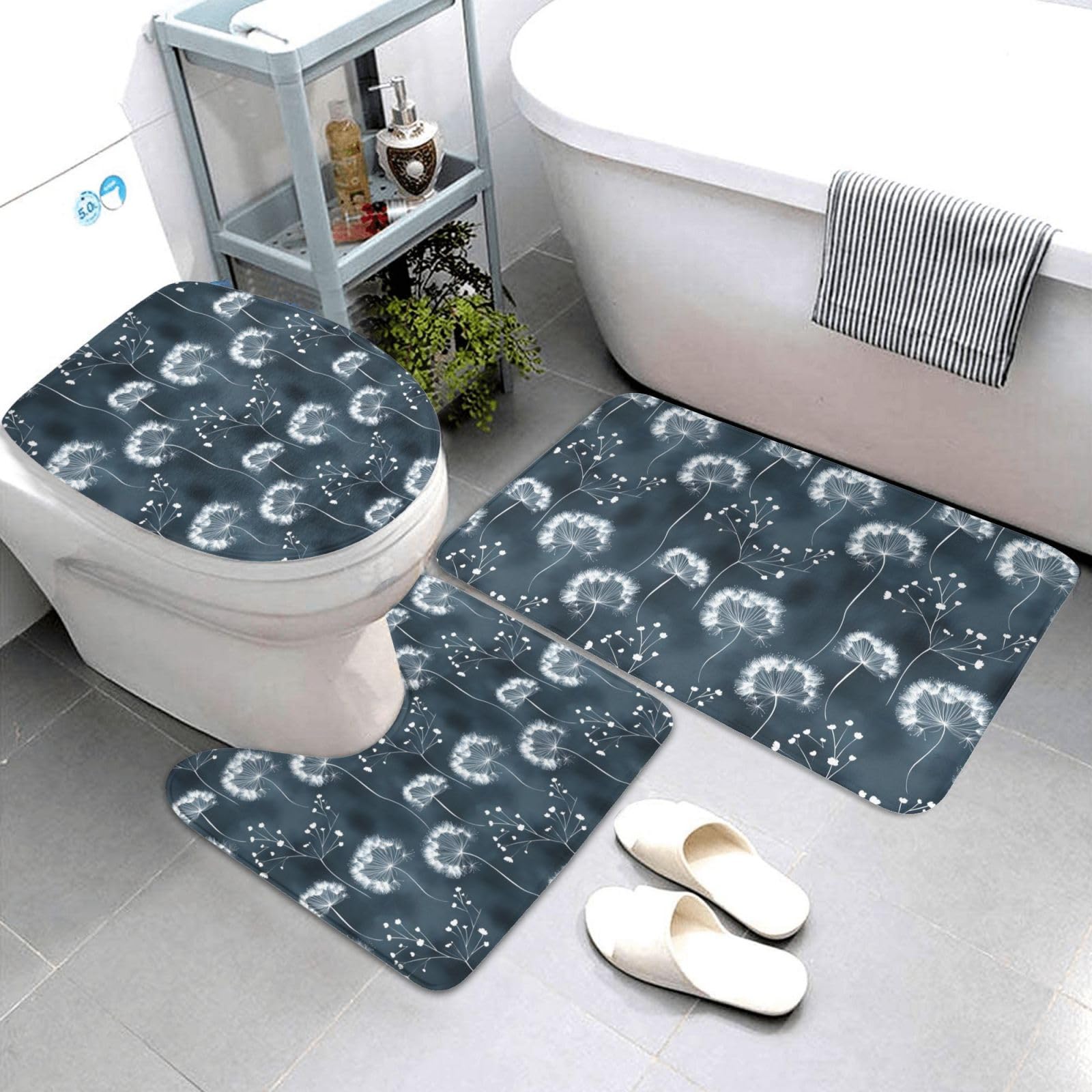 Tapis de salle de bain lavable en motif pissenlit avec contour WC en U