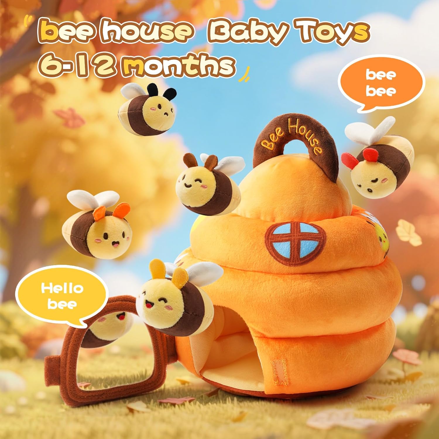 Koty Baby Toys 6-12 Months,Bee House Sensory Learning Toy, Beehive wtih wtih rattles, Squeaker, Mirror,5pcs Yellow Plush Bees, Educational Montessori Toy for Infants 6-12 Months - Image 2