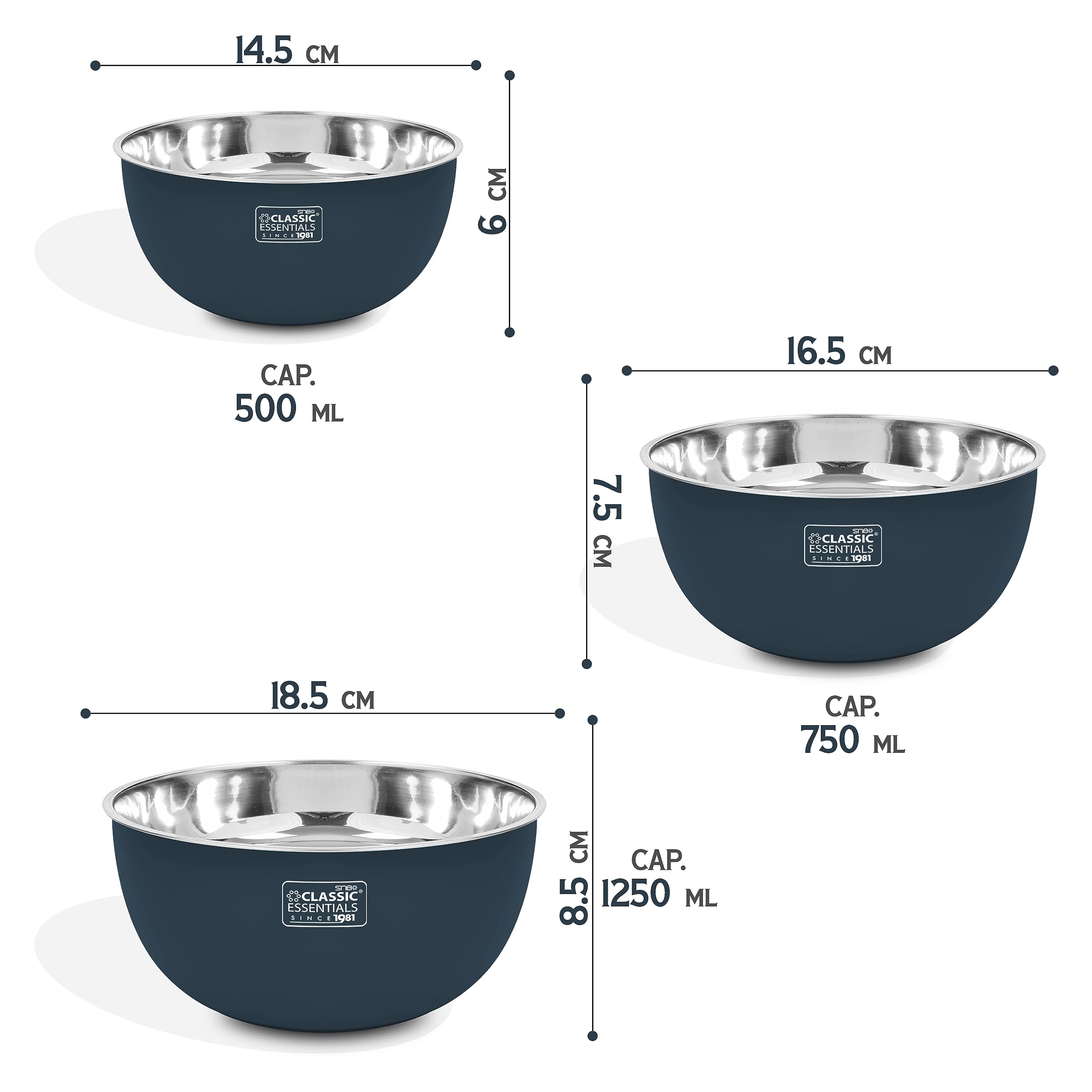 CLASSIC ESSENTIALS Stainless Steel Microwave Safe Mixing Bowls Set with Lid | Food Serving and Storage Containers | Scratch Resistant | Set of 3 (500 ml, 750 ml & 1250 ml) Blue