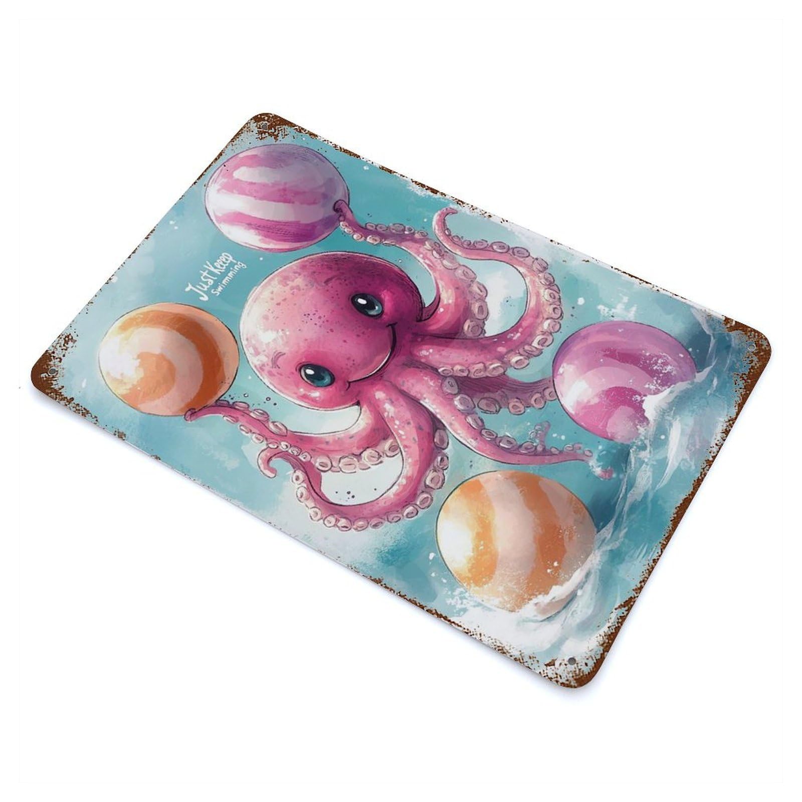Smiling Octopus Just Keep Swimming 11.8"x7.9" Retro Metal Sign, Vintage Wall Decor for Garage, Bar And Workshop Decor