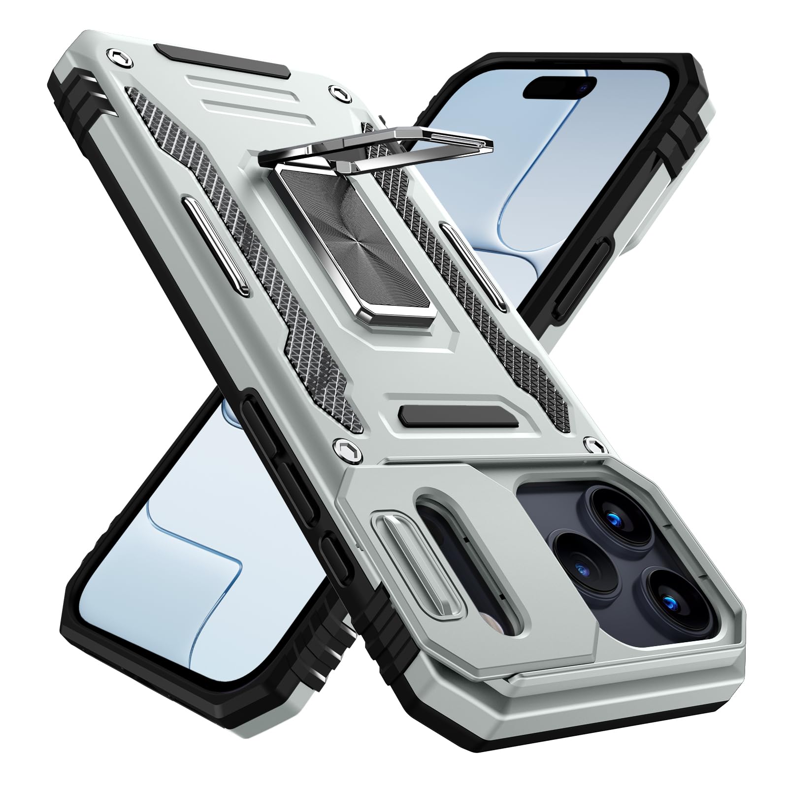 Mnunjiajia 対応 iPhone 17 Pro Max 用ケース リング付き PC+TPU 二重構造 落下防止 グレー
