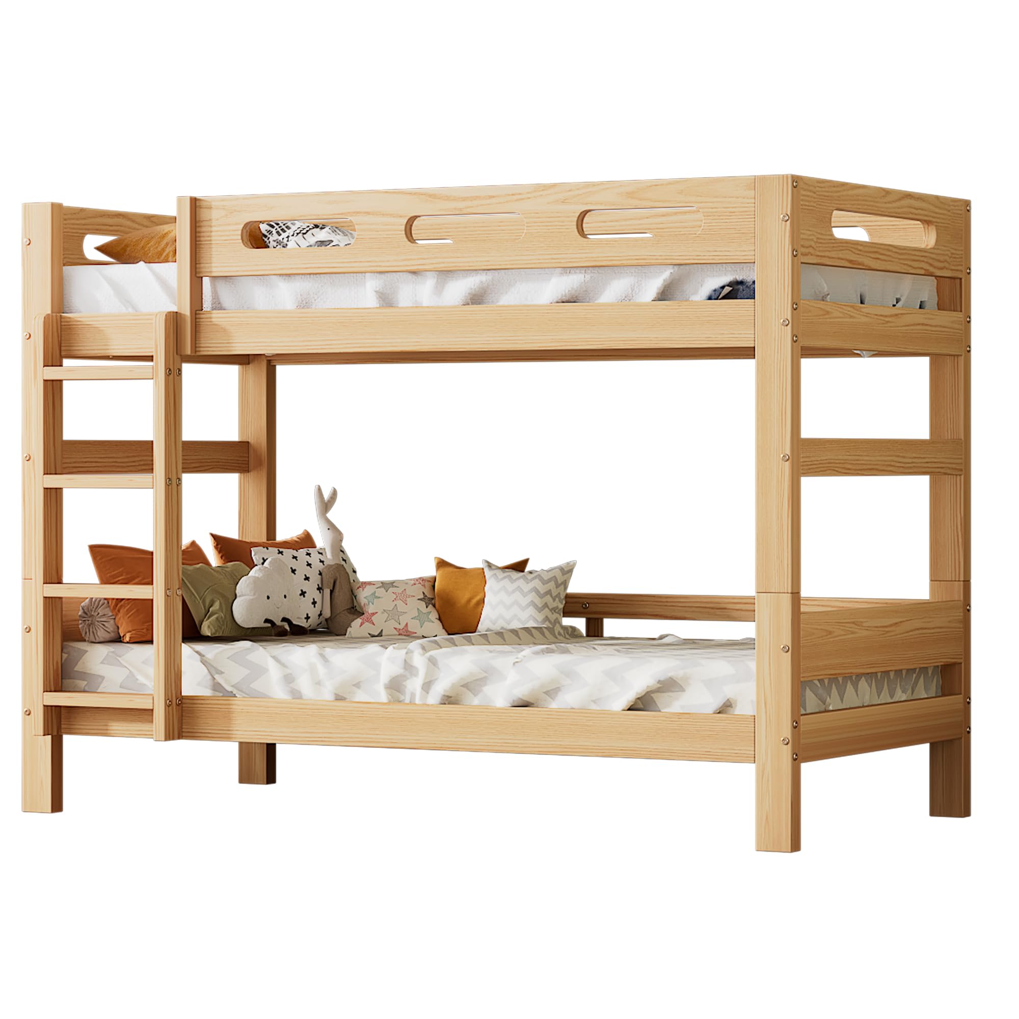 Kinderbett Etagenbett 90x200 cm für 2 Kinder, Hochbett Hausbett mit Leiter, Rausfallschutz und Lattenrost, umwandelbar in 2 Einzelbetten, Stockbett Jugendbett Holzbett Bettgestell, Kiefernholz, Natur