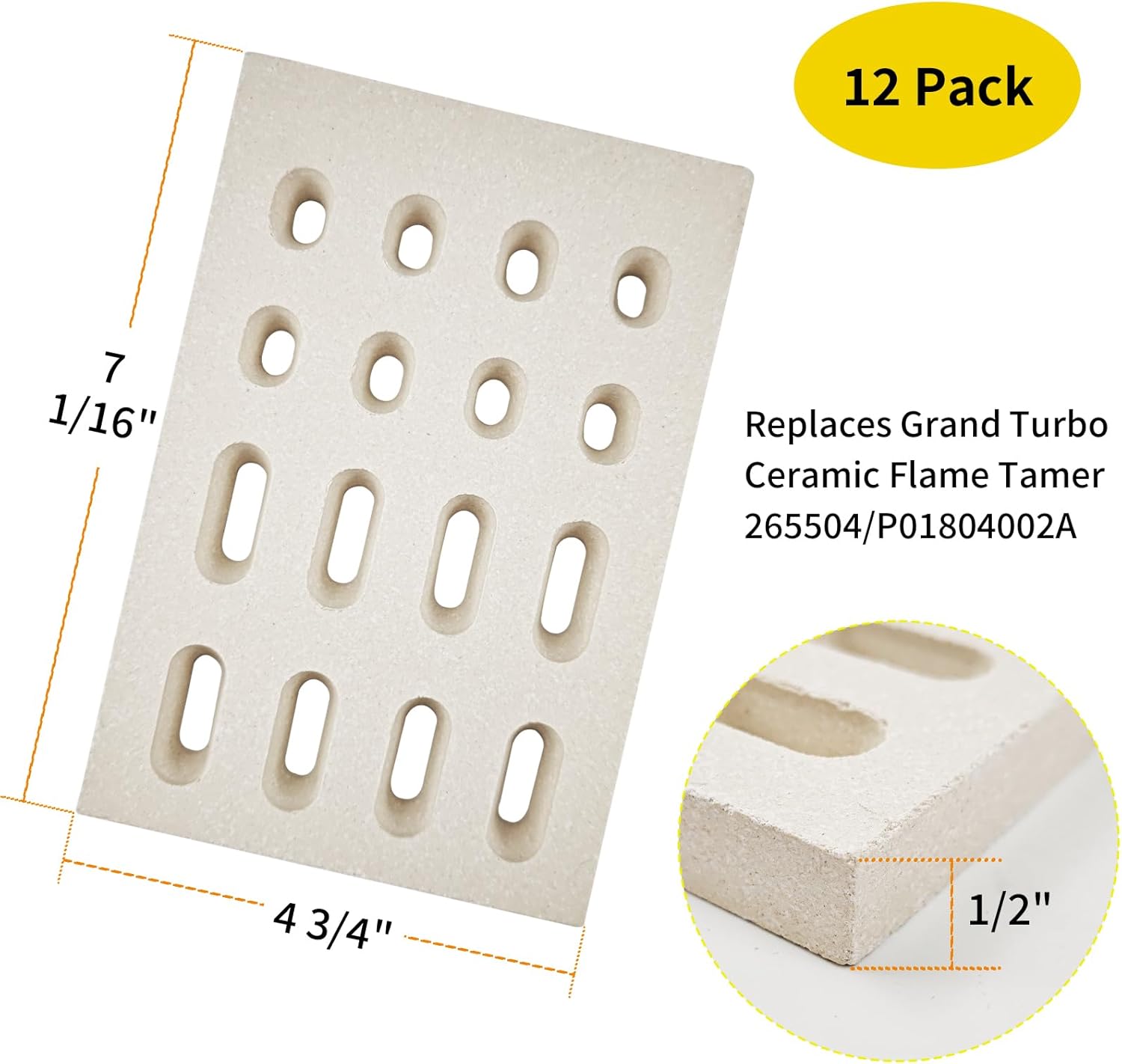 Ceramic Flame Tamer Briquette for Grand Turbo Barbeques Galore Grill BBQ Brick Replacement Parts for Grand Hall Members Mark, 7 1/16" x 4 3/4", 12 Pack Heat Plate