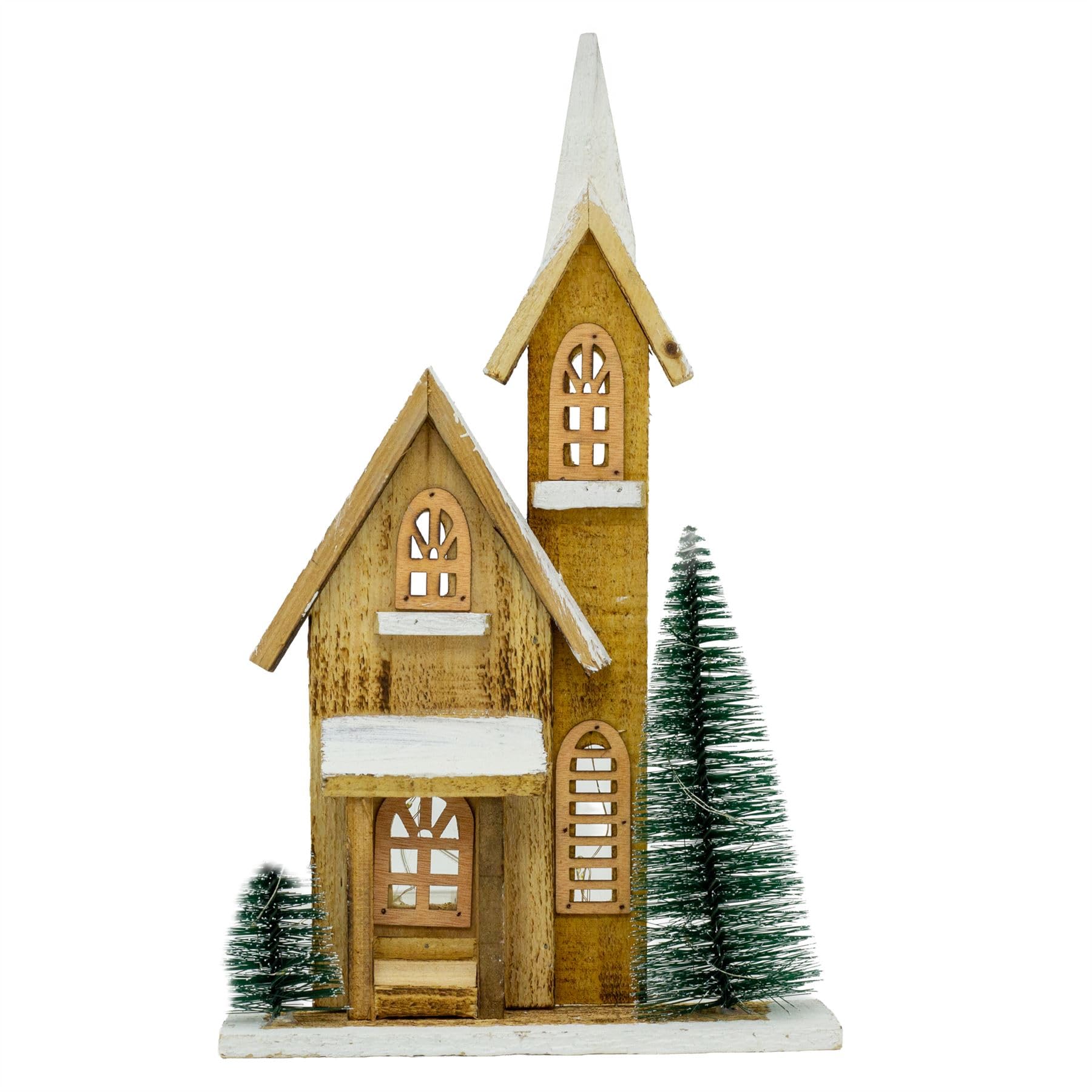 Carousel Home LED Wooden Christmas Church with Bottle Brush Trees | Light-Up Nordic Village Ornament | Rustic Timer-Operated Christmas Decoration - 42cm