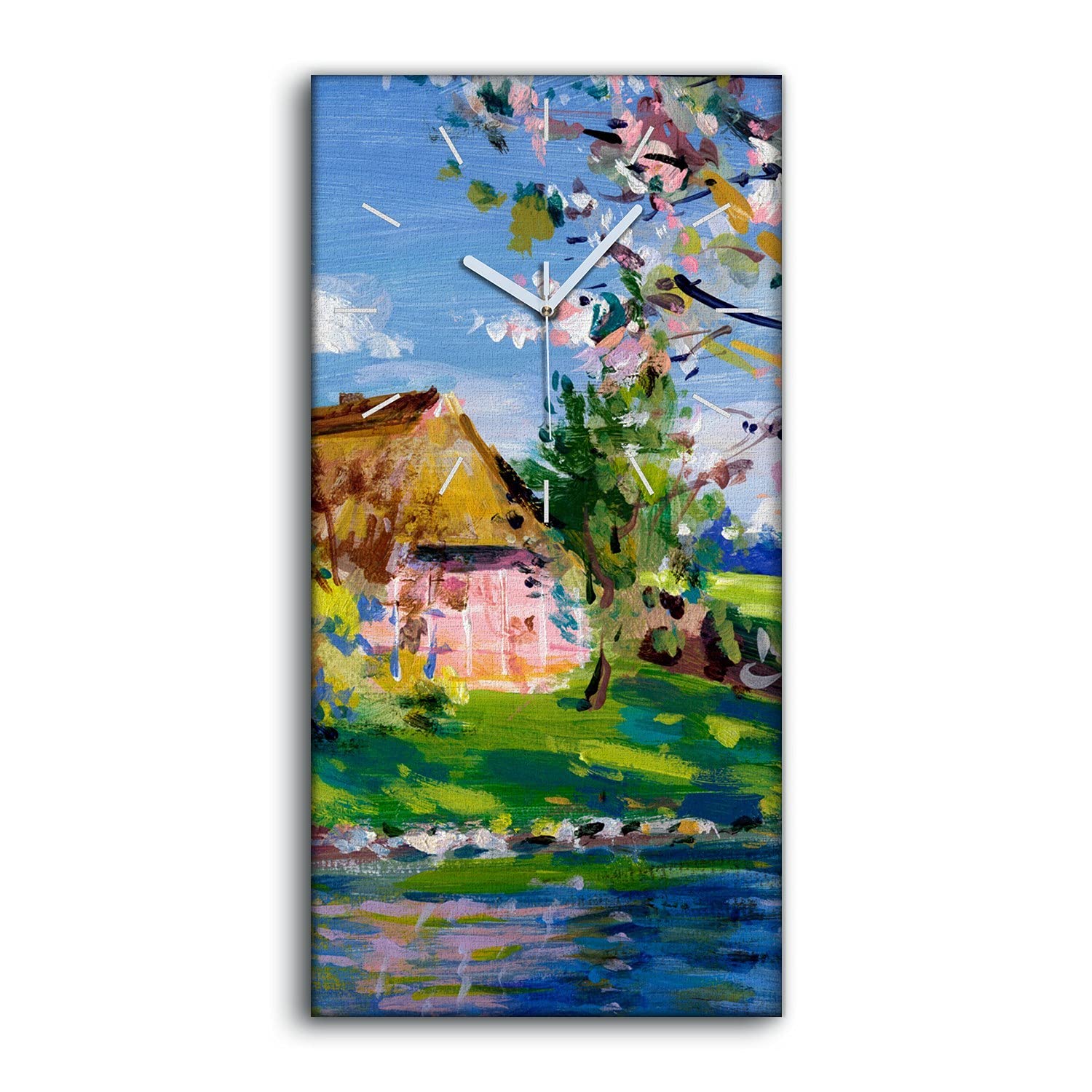 Horloge sur toile 30x60cm printemps vert et rivière avec aiguilles blanches