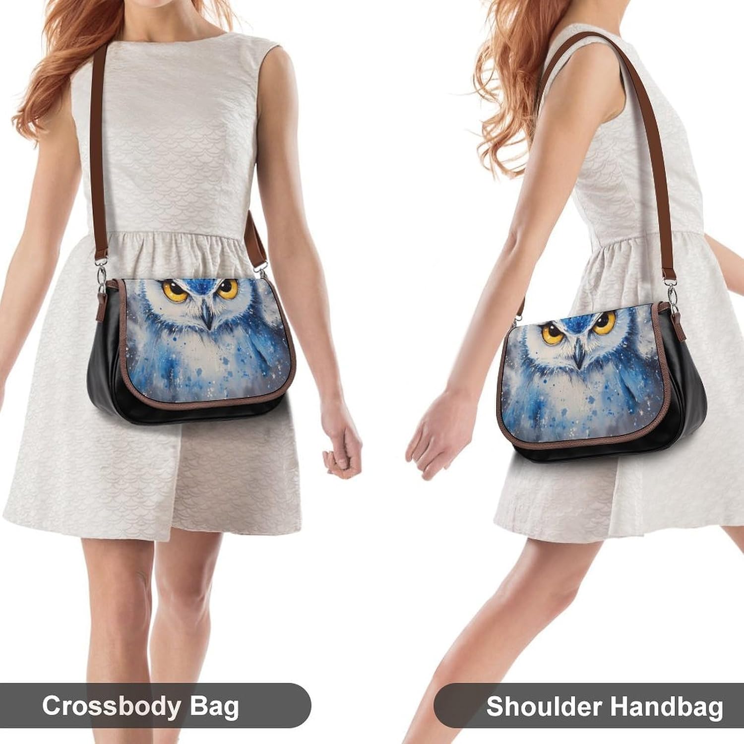 Blue Owl with Yellow Eyes Women Crossbody Purse Leather Messenger Bag Handbags Shoulder Strap Bags