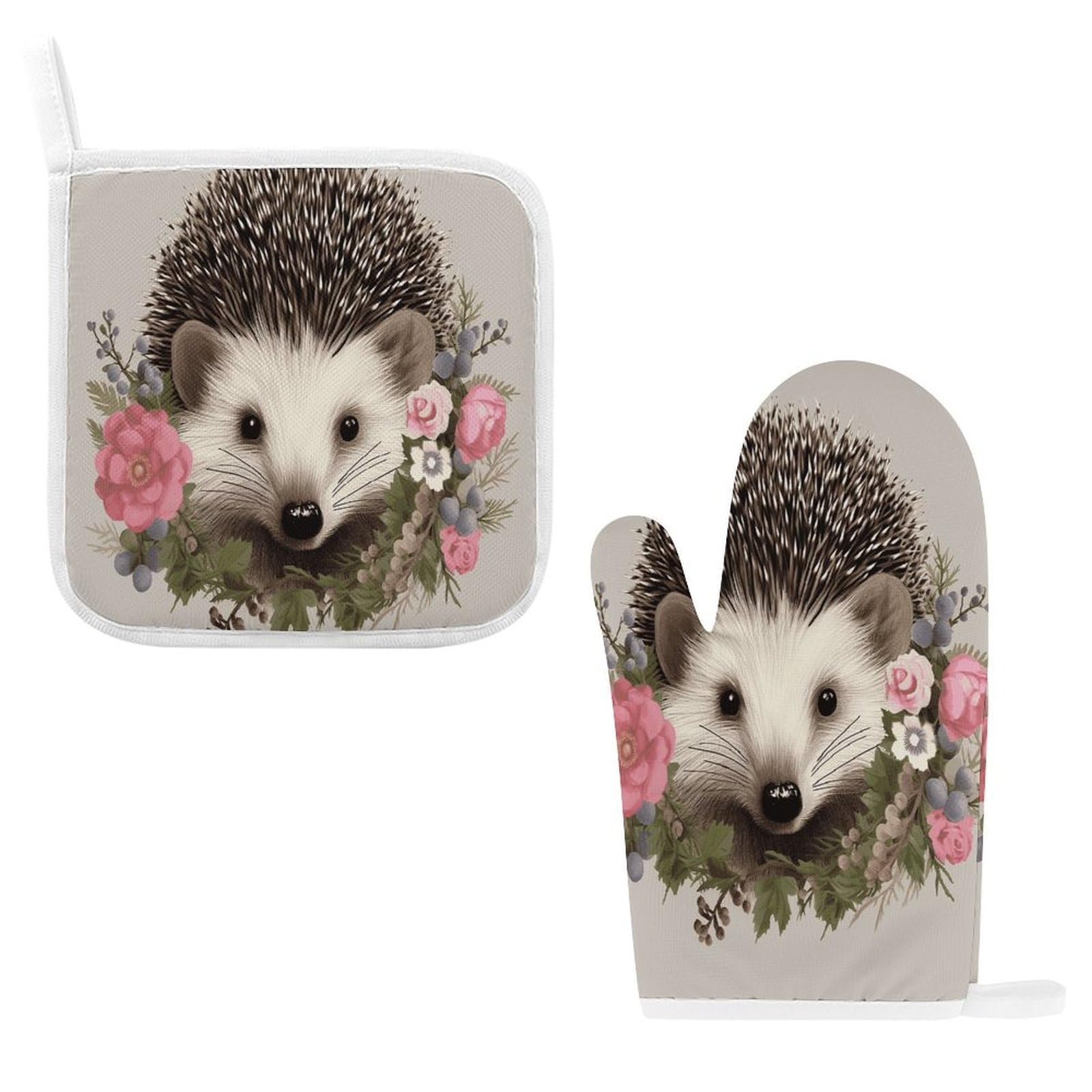 Btcowzrv Style Hedgehog In Floral Wreath Oven Mitts And Pot Holders 2Pcs Set
