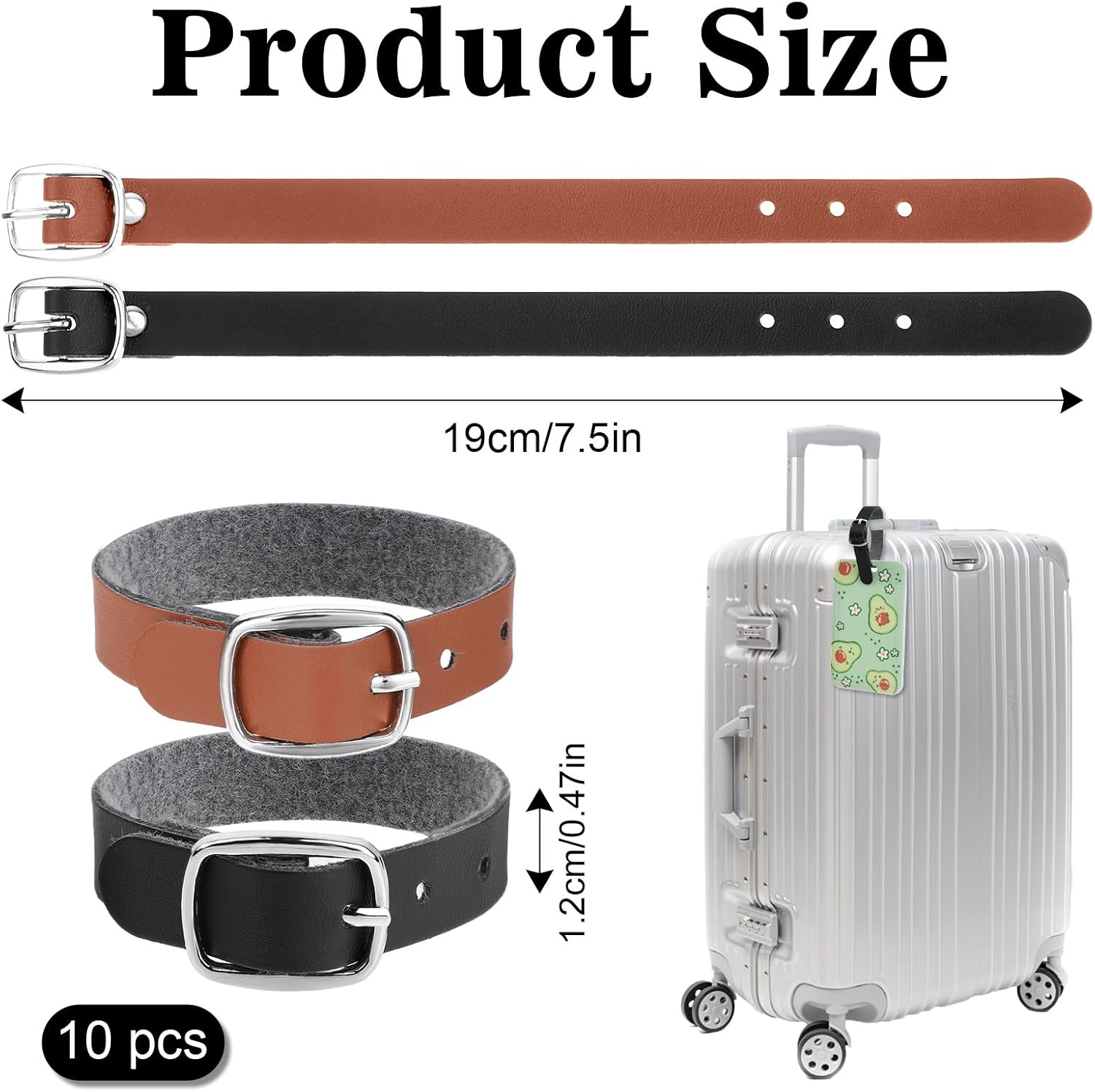 10 PCS Leather Luggage Tag Straps, Cowhide Luggage Tag Loops Replacement Belts with Metal Buckle Genuine Leather Luggage Tag Loops Leather for Suitcase Travel Secure Storage Card Pass Holder