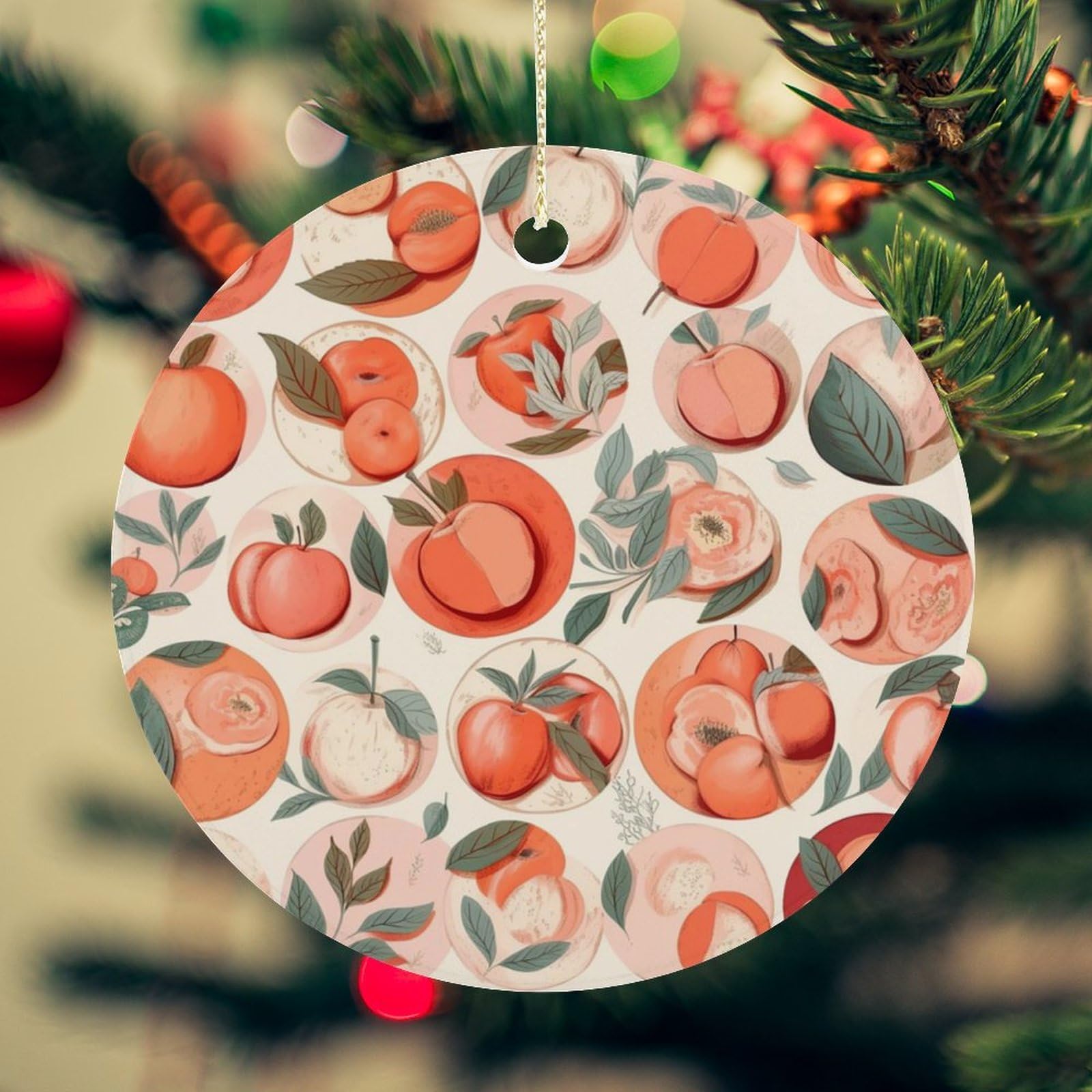 Round Peach Christmas Ornament for Christmas Tree Ceramic Round Ornament Winter Holiday Keepsake Gift 2.7" Christmas Tree Hanging Decorations Circle Ceramic Pendant Xmas Gift
